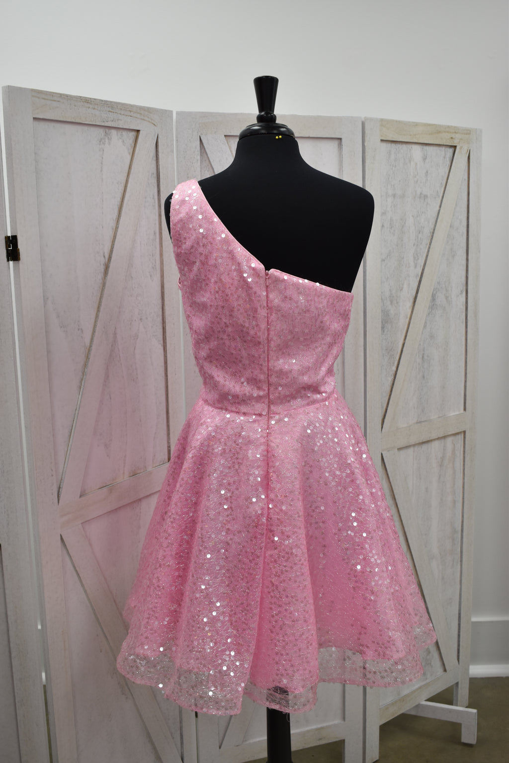 Bubblegum Pink Sequin One-Shoulder Skater Mini Dress