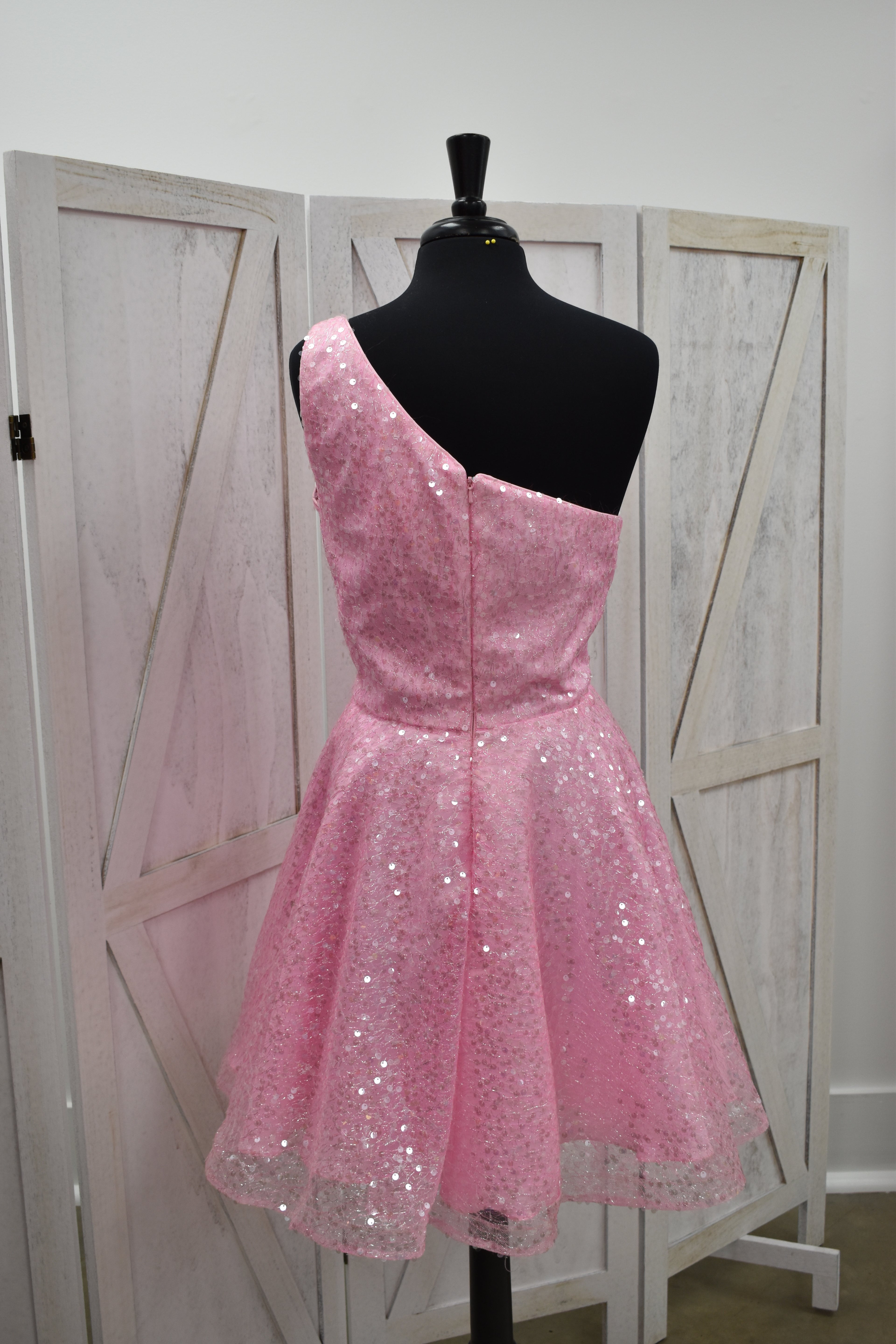 Bubblegum Pink Sequin One-Shoulder Skater Mini Dress