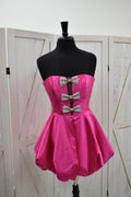 Hot Pink Satin Triple Crystal Bow Strapless Bubble Hem Mini Dress