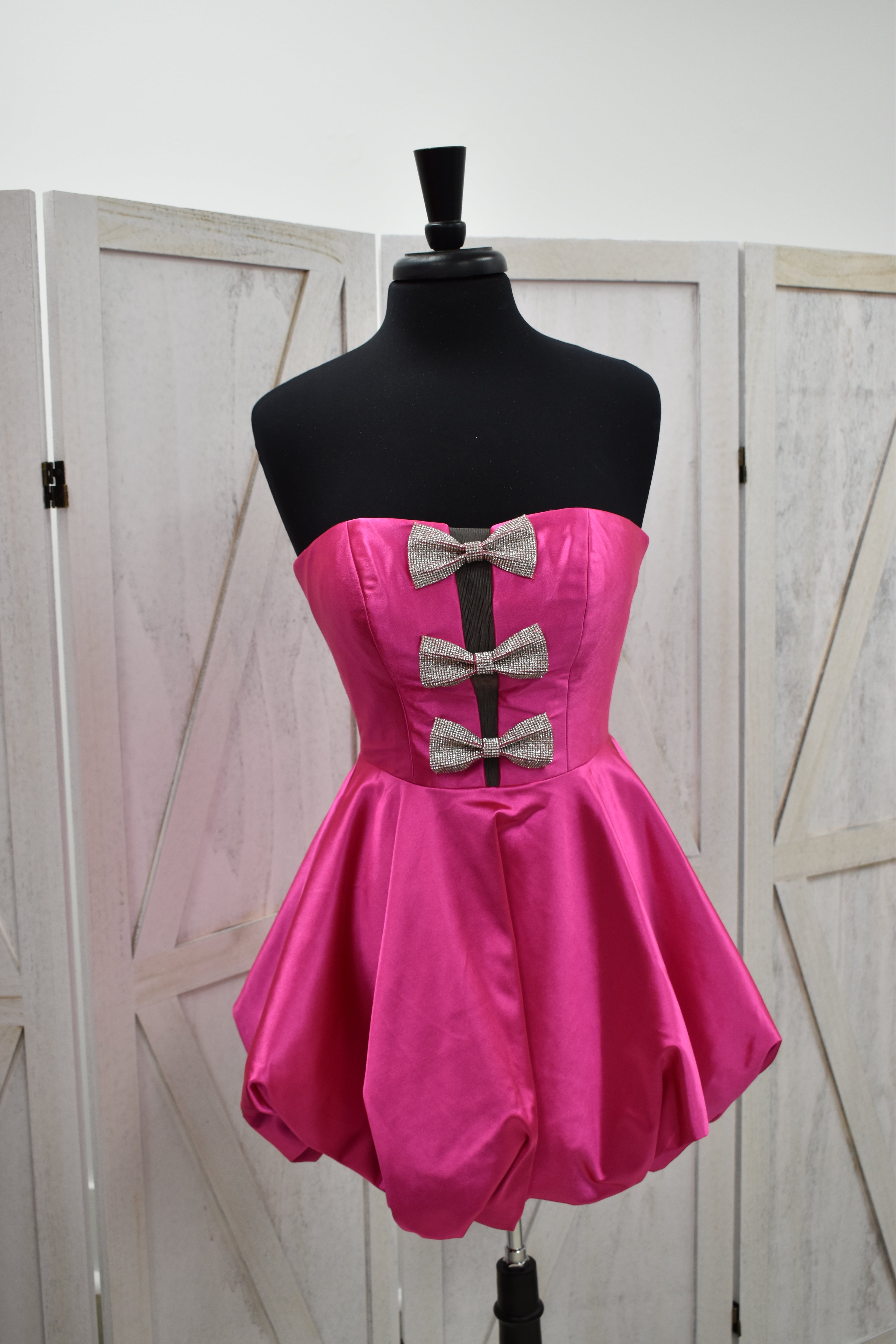 Hot Pink Satin Triple Crystal Bow Strapless Bubble Hem Mini Dress