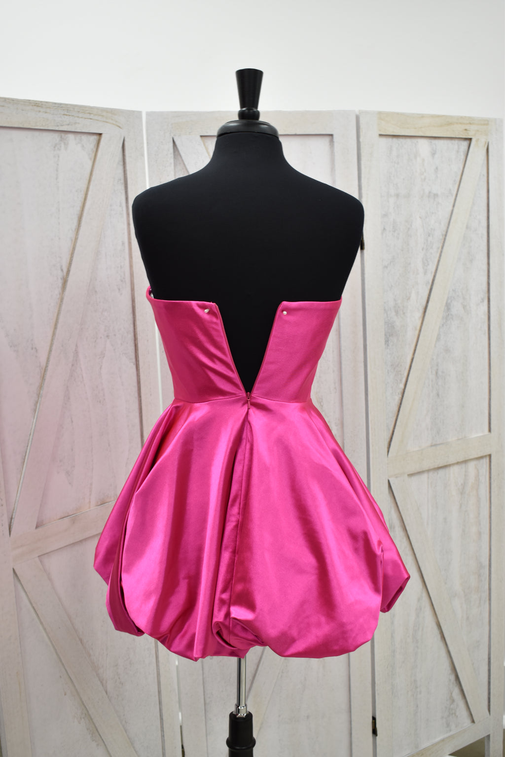 Hot Pink Satin Triple Crystal Bow Strapless Bubble Hem Mini Dress