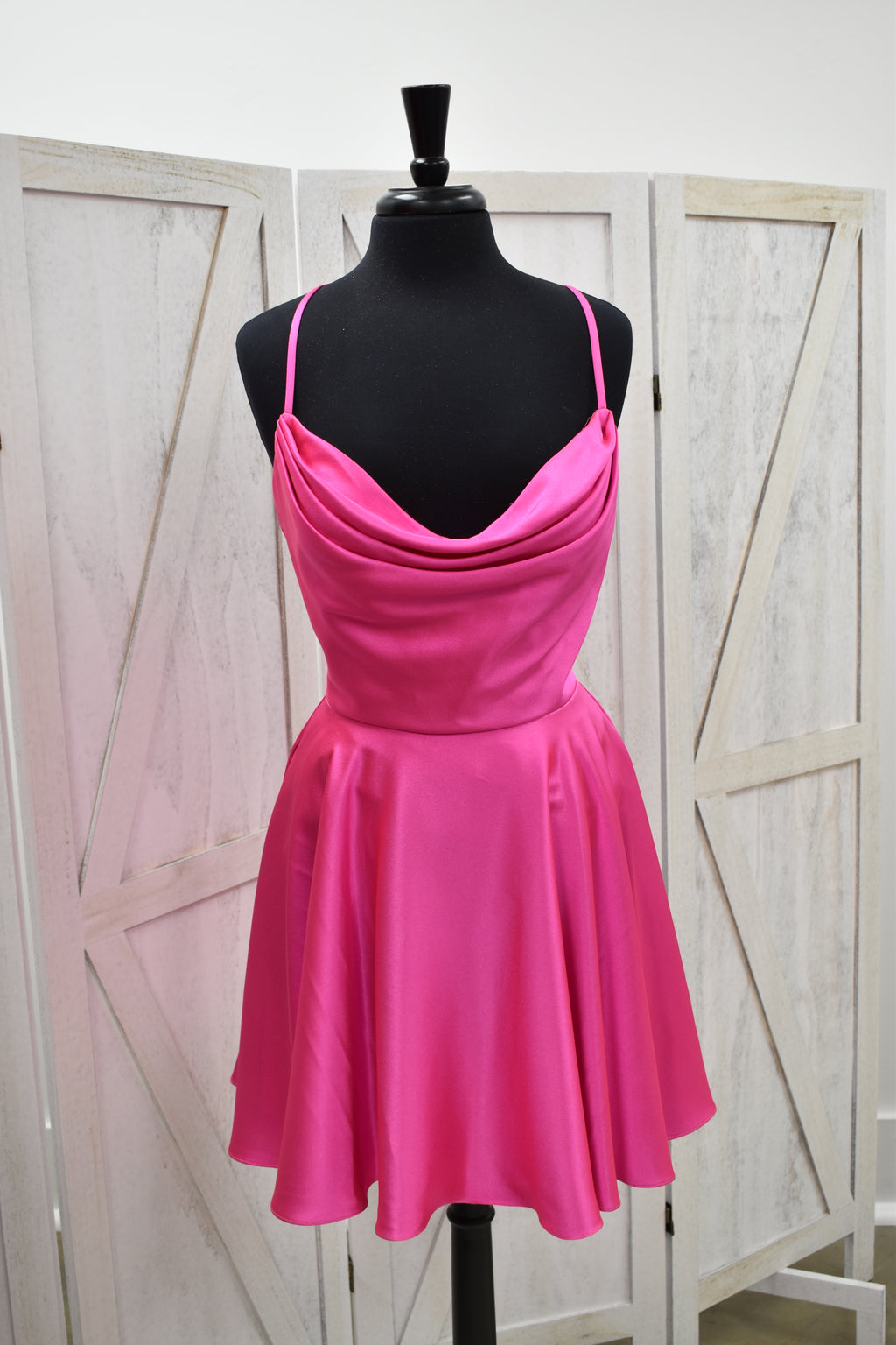 Hot Pink Satin Cowl Neck Skater Mini Dress