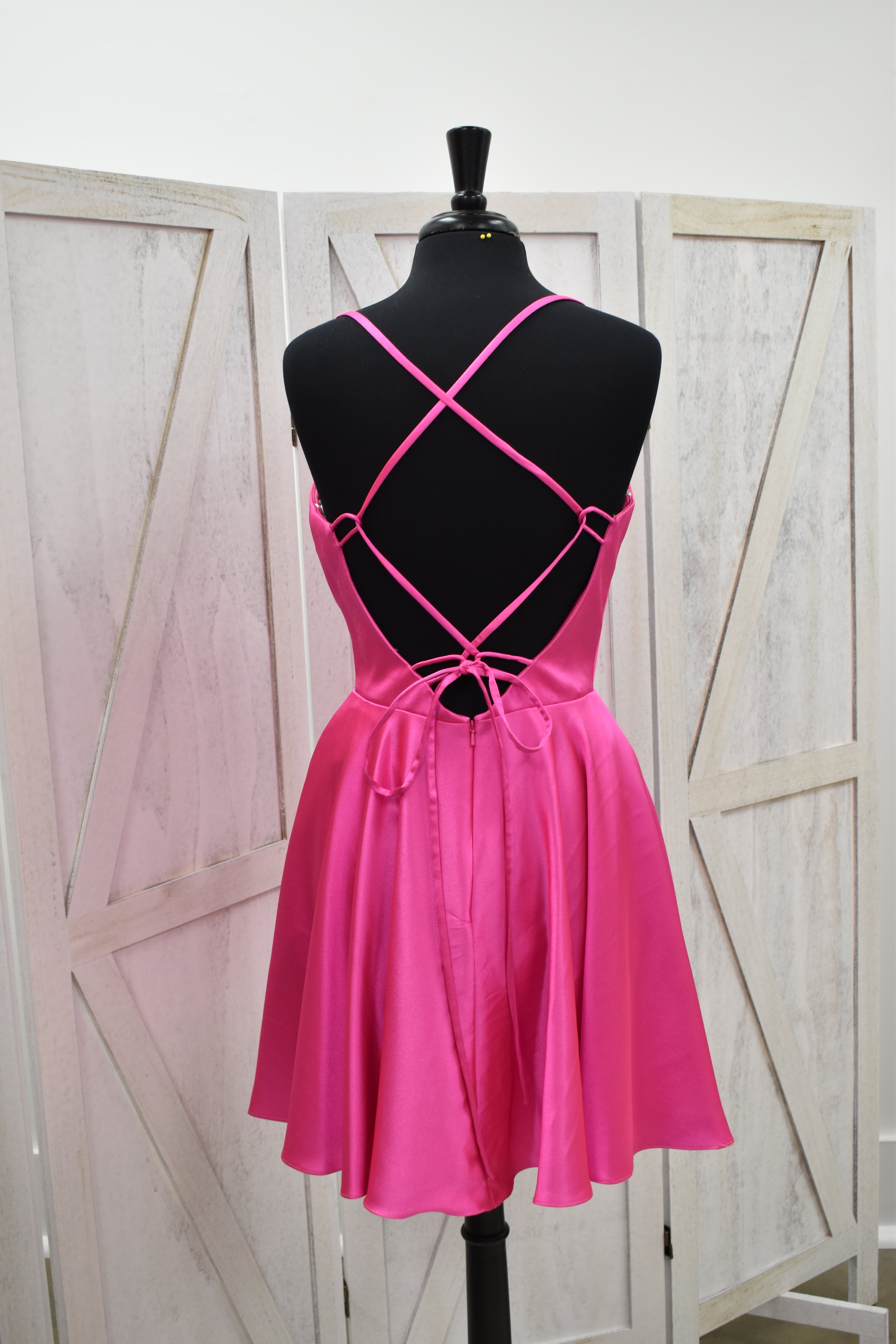 Hot Pink Satin Cowl Neck Skater Mini Dress