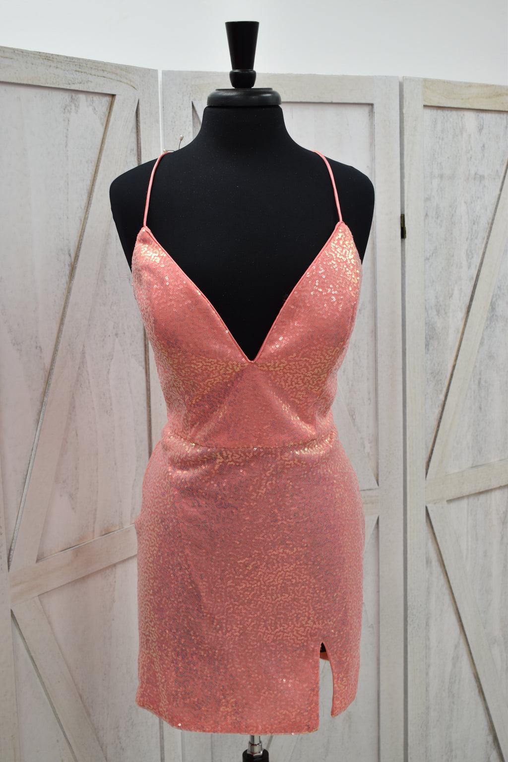 Coral Sequin Deep V-Neck Bodycon Mini Dress with Slit