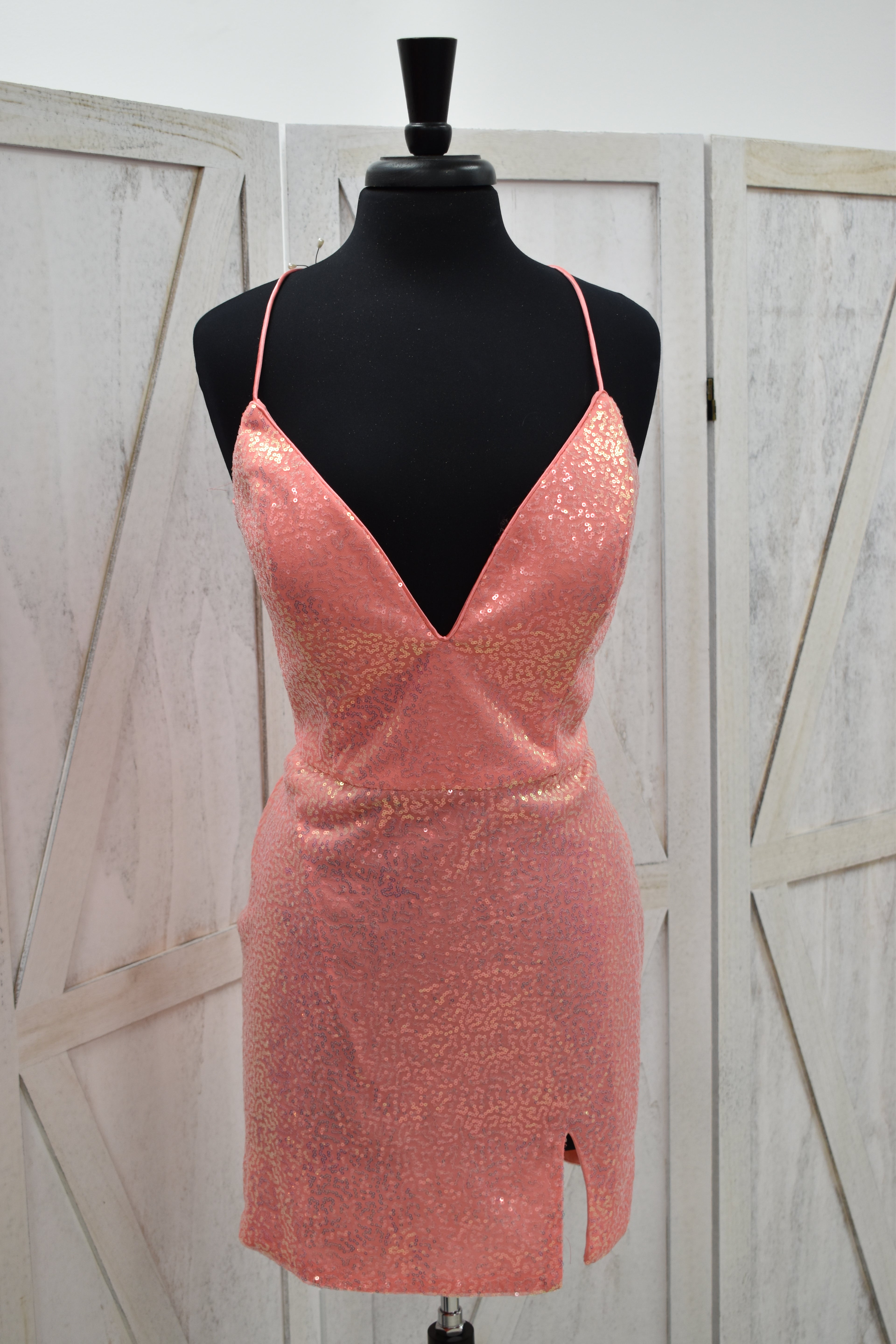 Coral Sequin Deep V-Neck Bodycon Mini Dress with Slit