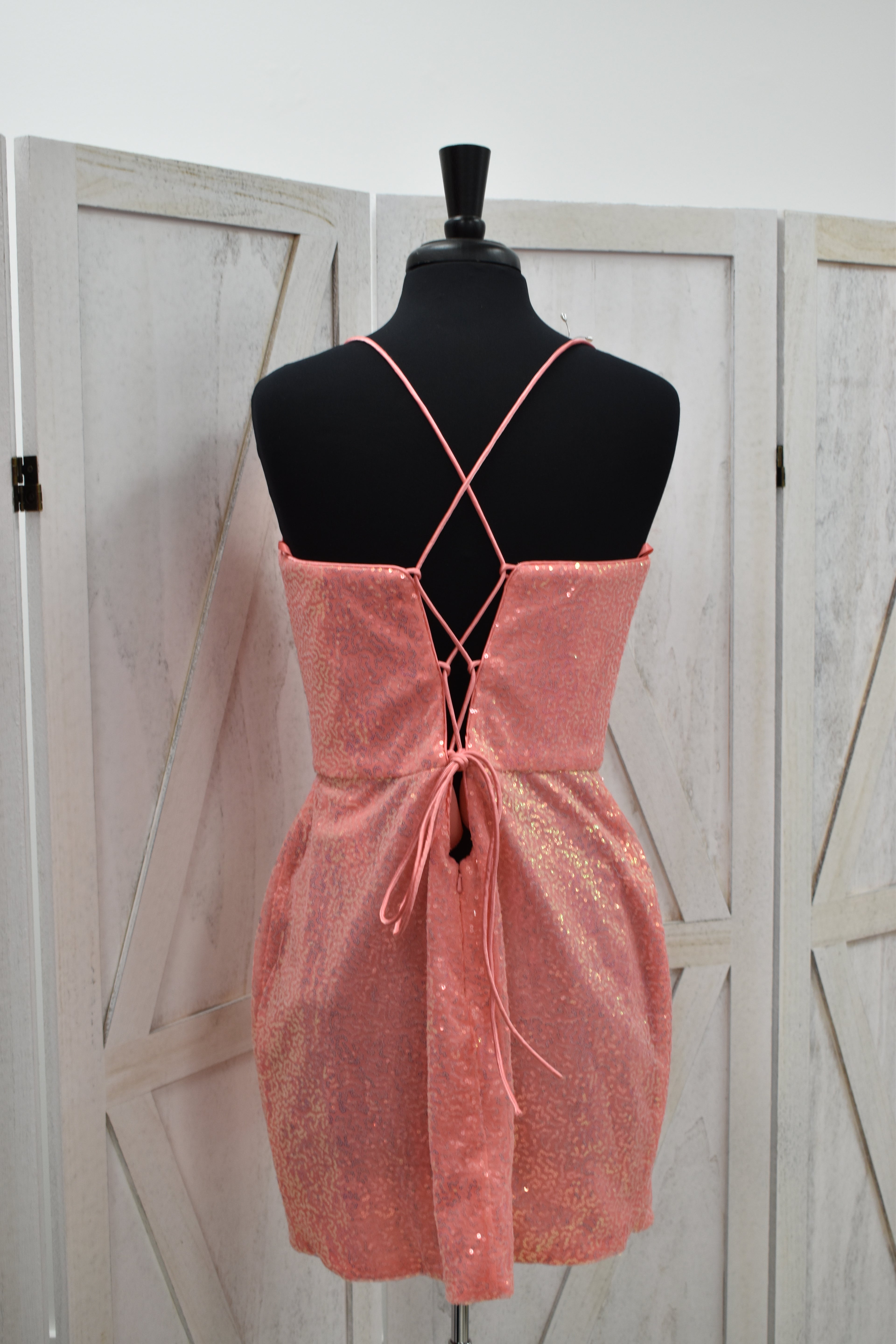 Coral Sequin Deep V-Neck Bodycon Mini Dress with Slit