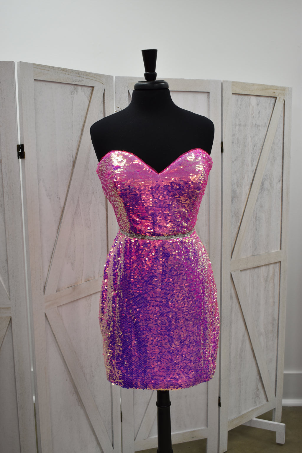 Pink to Purple Ombre Sequin Strapless Bodycon Mini Dress with Crystal Belt