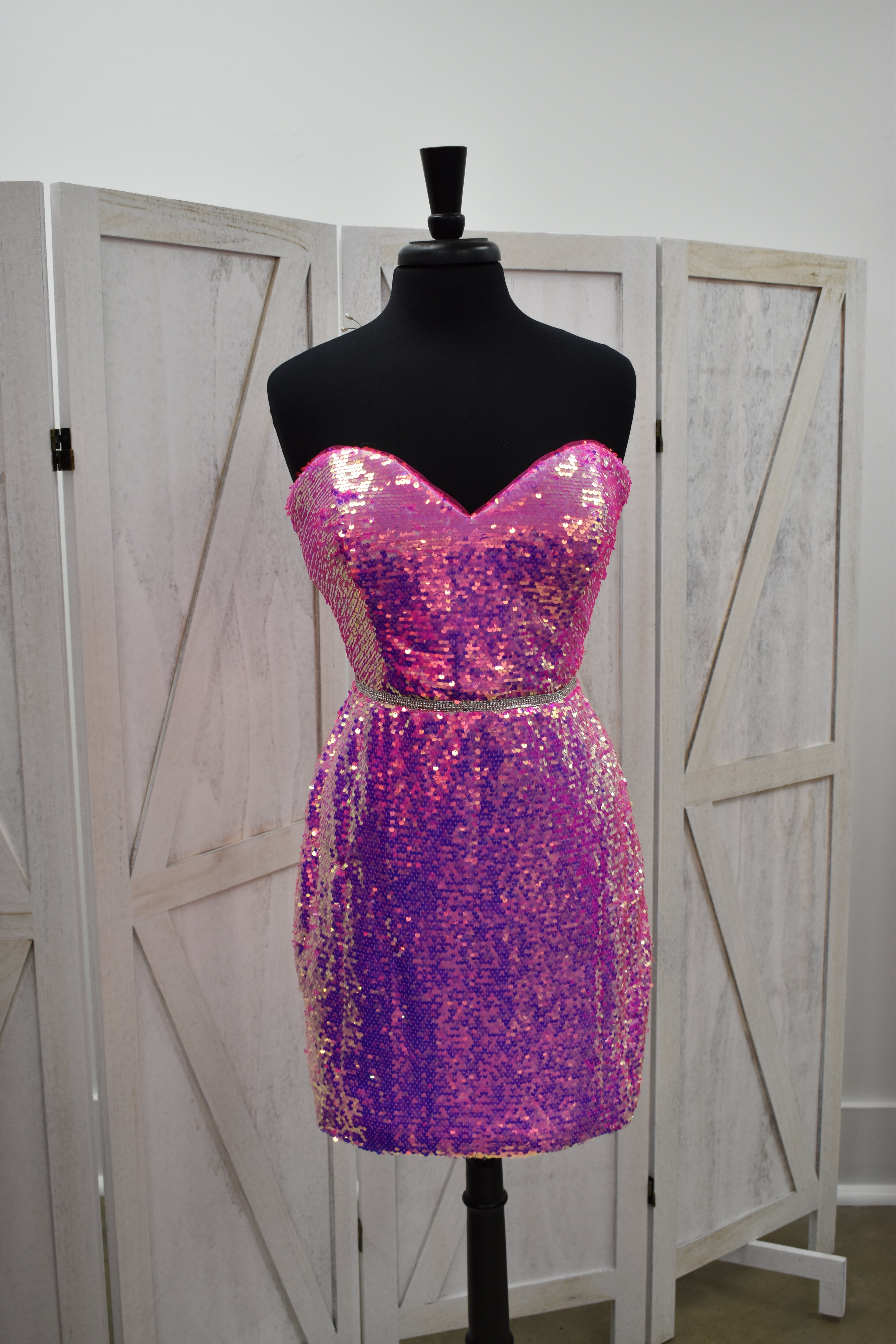 Pink to Purple Ombre Sequin Strapless Bodycon Mini Dress with Crystal Belt