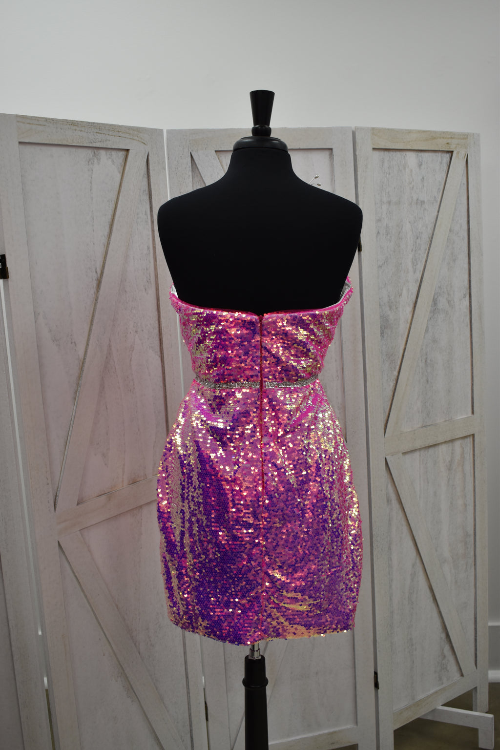 Pink to Purple Ombre Sequin Strapless Bodycon Mini Dress with Crystal Belt
