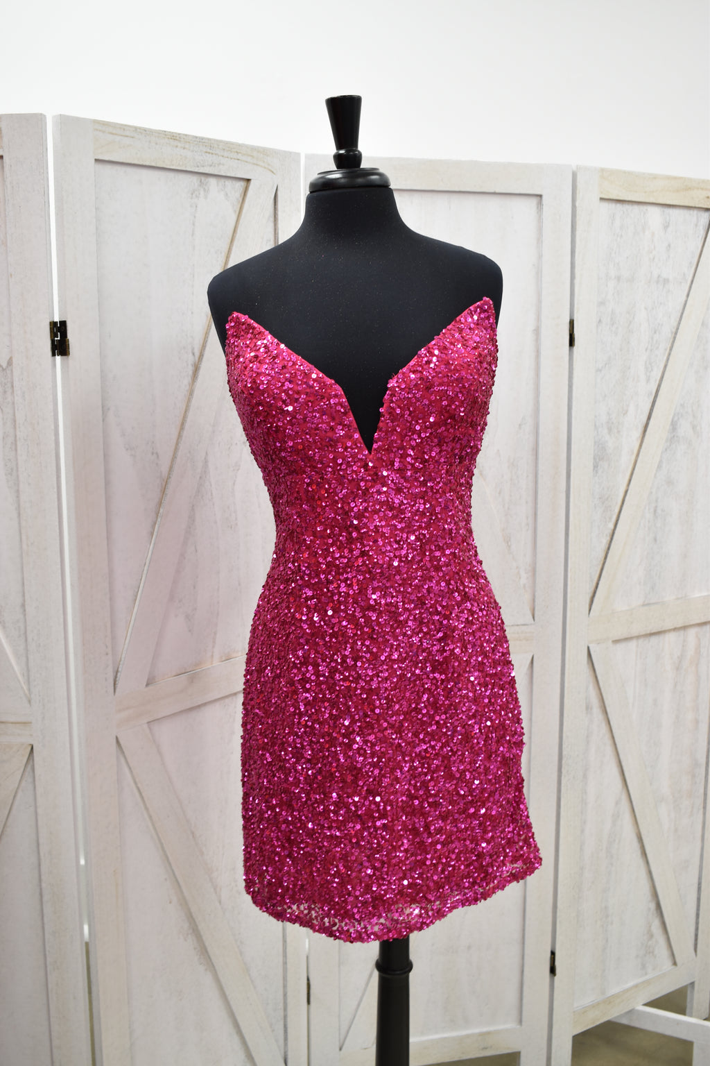 Hot Pink Chunky Sequin Plunge Sweetheart Bodycon Mini Dress
