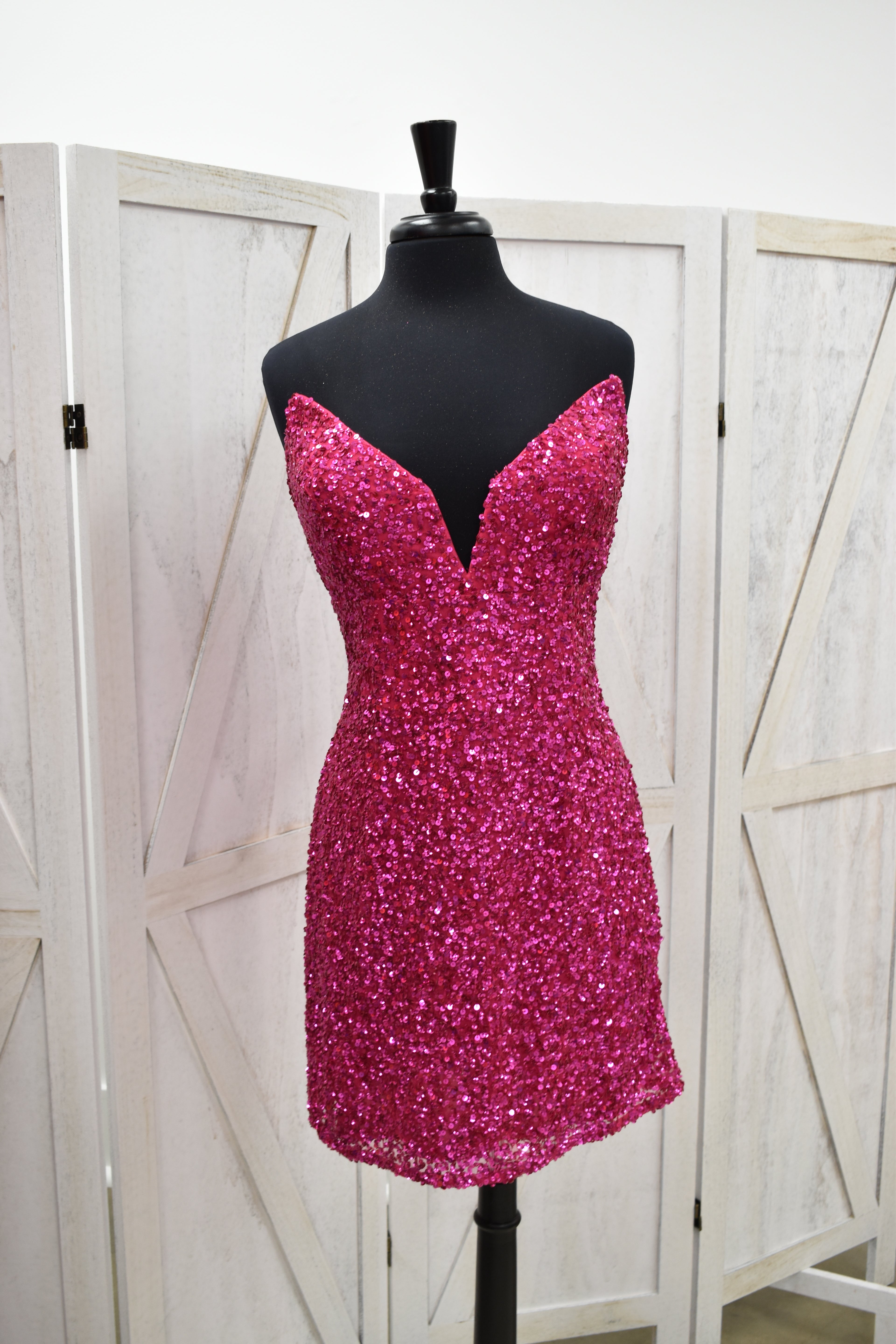 Hot Pink Chunky Sequin Plunge Sweetheart Bodycon Mini Dress