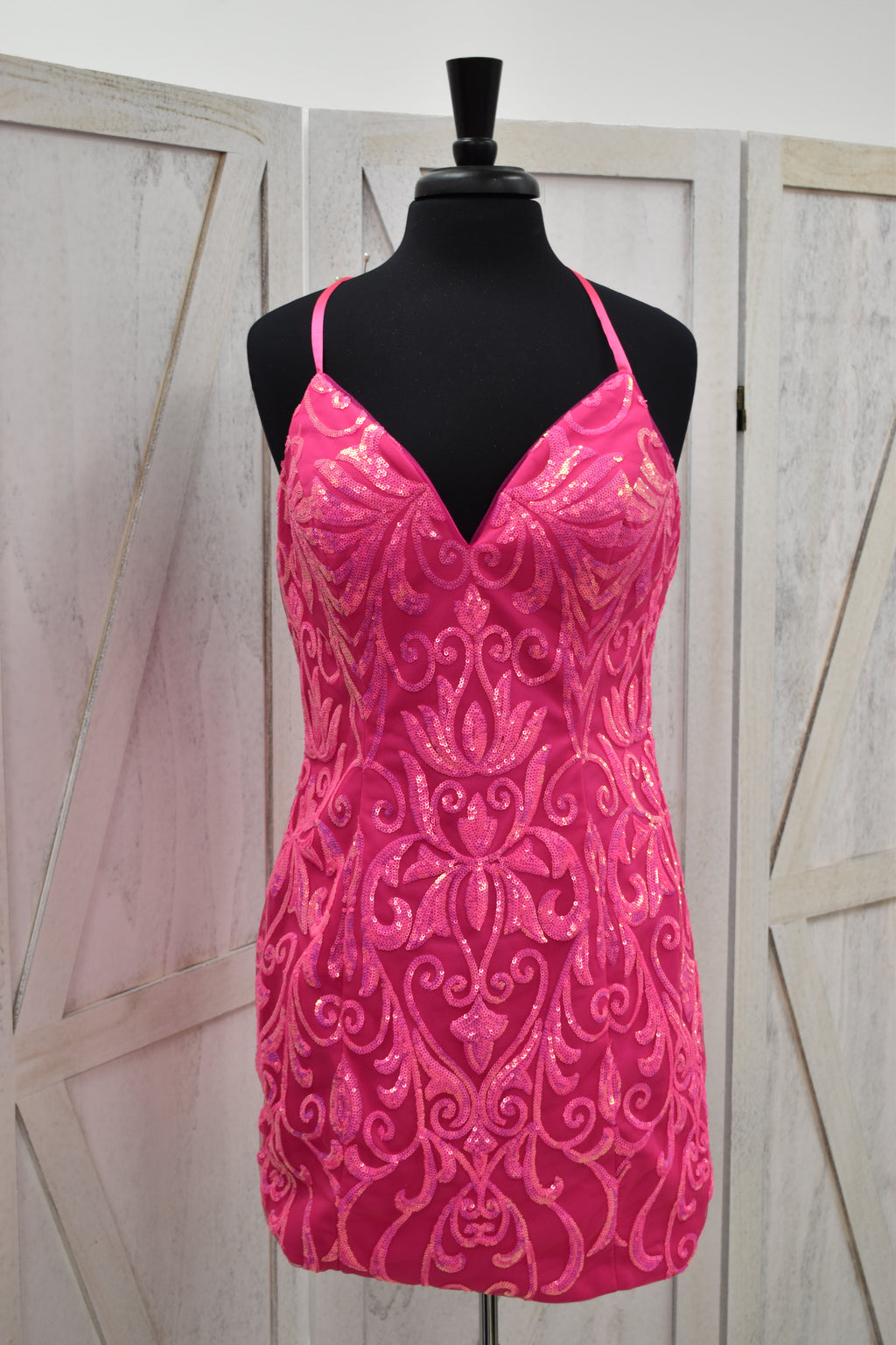 Hot Pink Damask Sequin V-Neck Bodycon Mini Dress