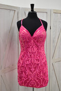 Hot Pink Damask Sequin V-Neck Bodycon Mini Dress