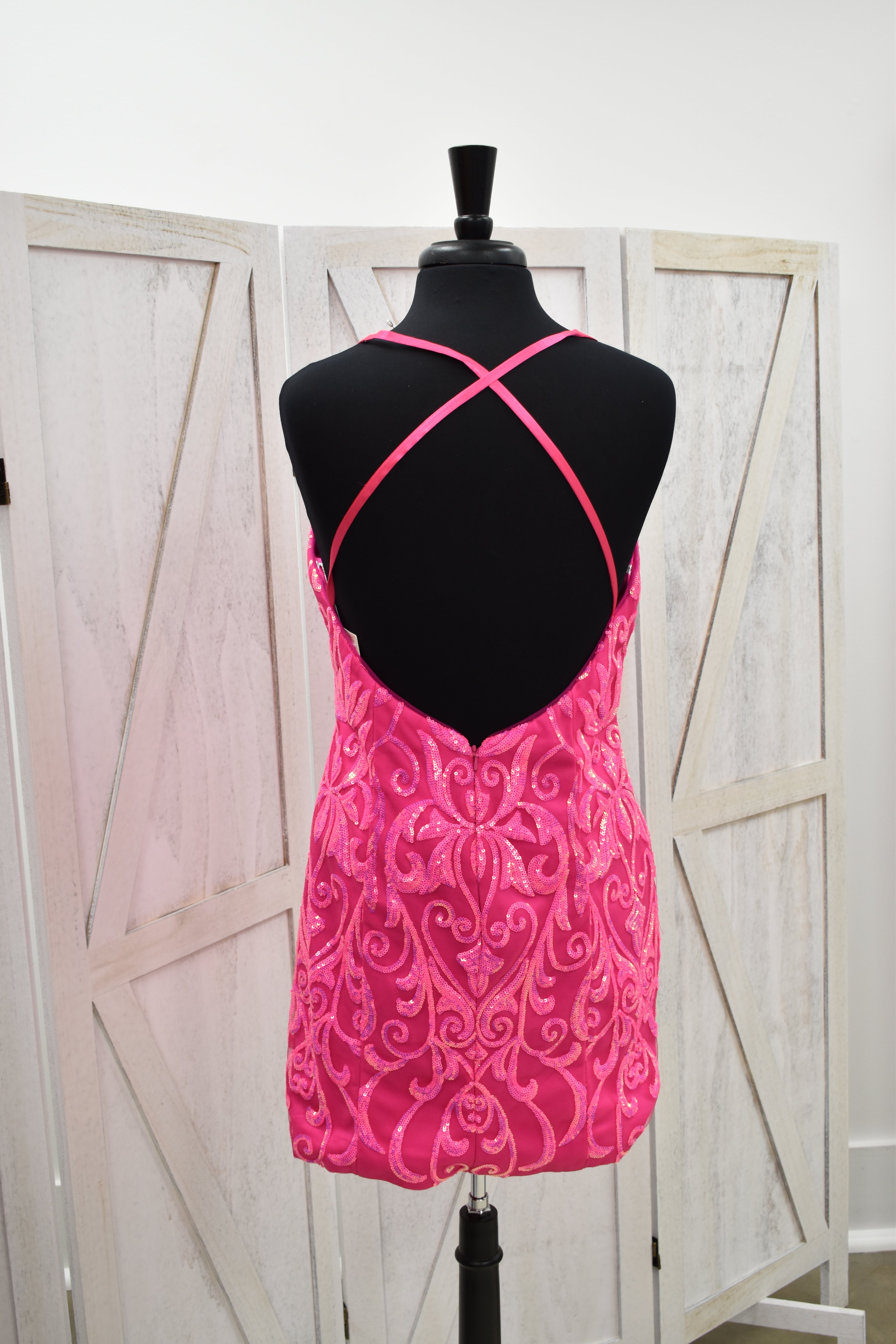 Hot Pink Damask Sequin V-Neck Bodycon Mini Dress
