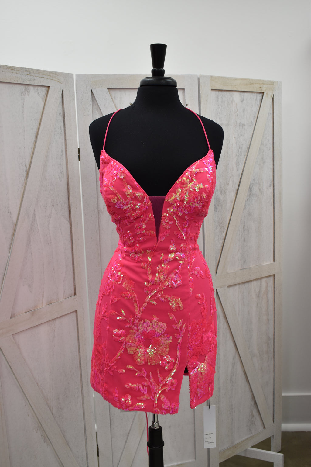 Hot Pink Floral Sequin Deep Plunge Bodycon Mini Dress with Slit