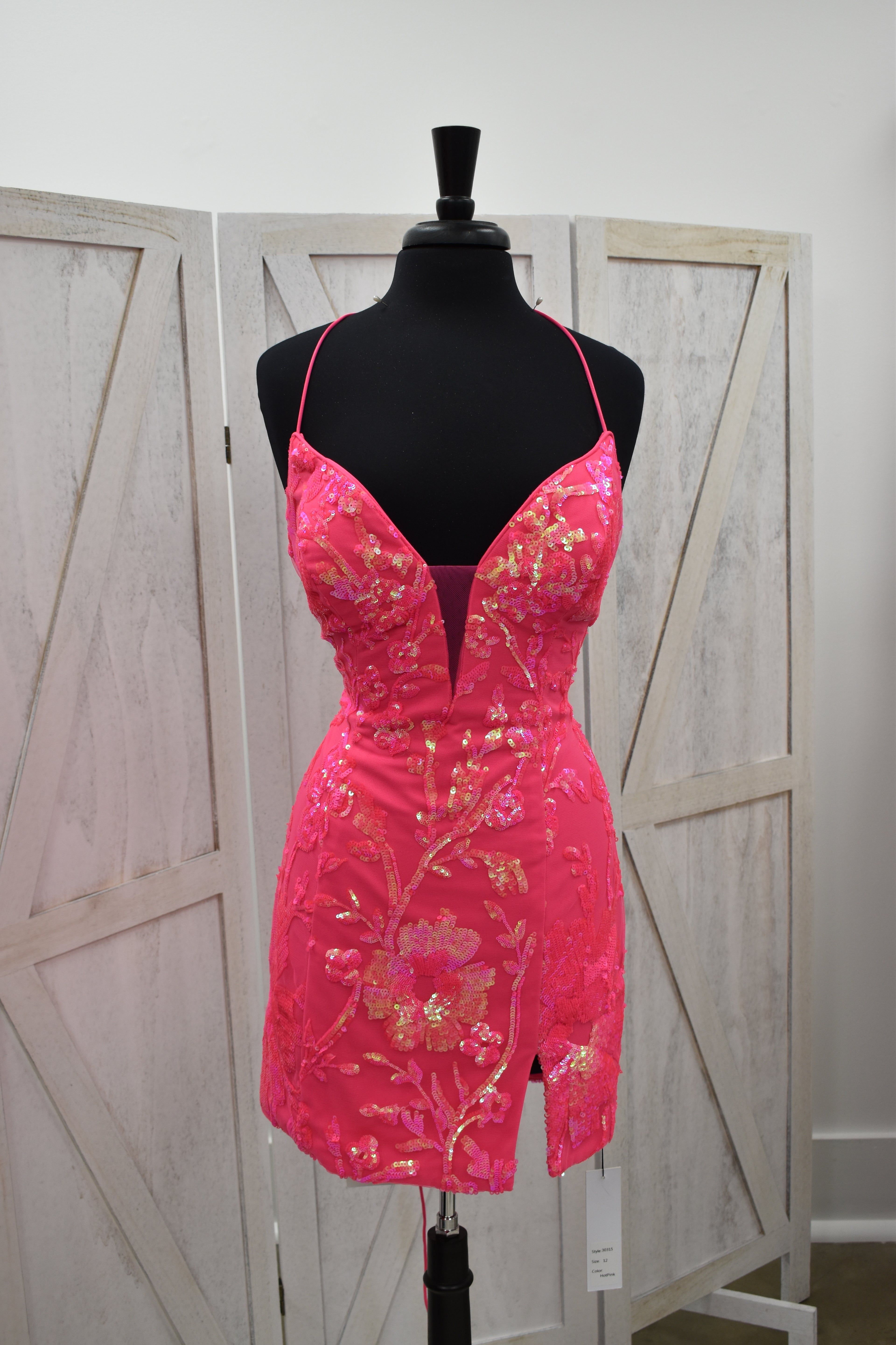 Hot Pink Floral Sequin Deep Plunge Bodycon Mini Dress with Slit