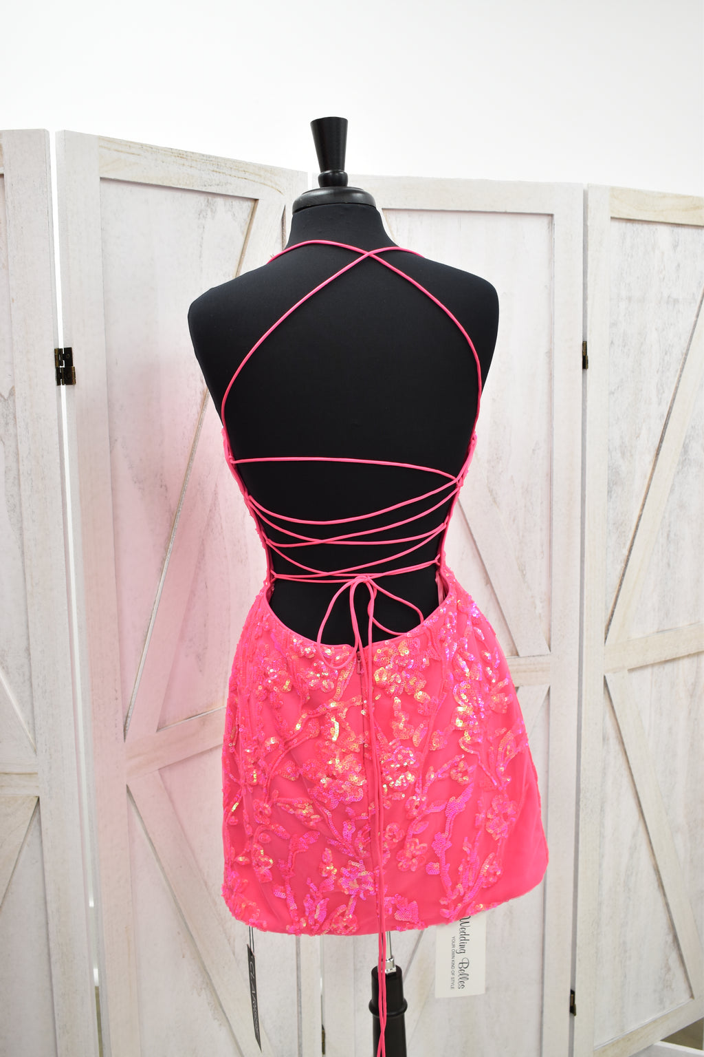Hot Pink Floral Sequin Deep Plunge Bodycon Mini Dress with Slit