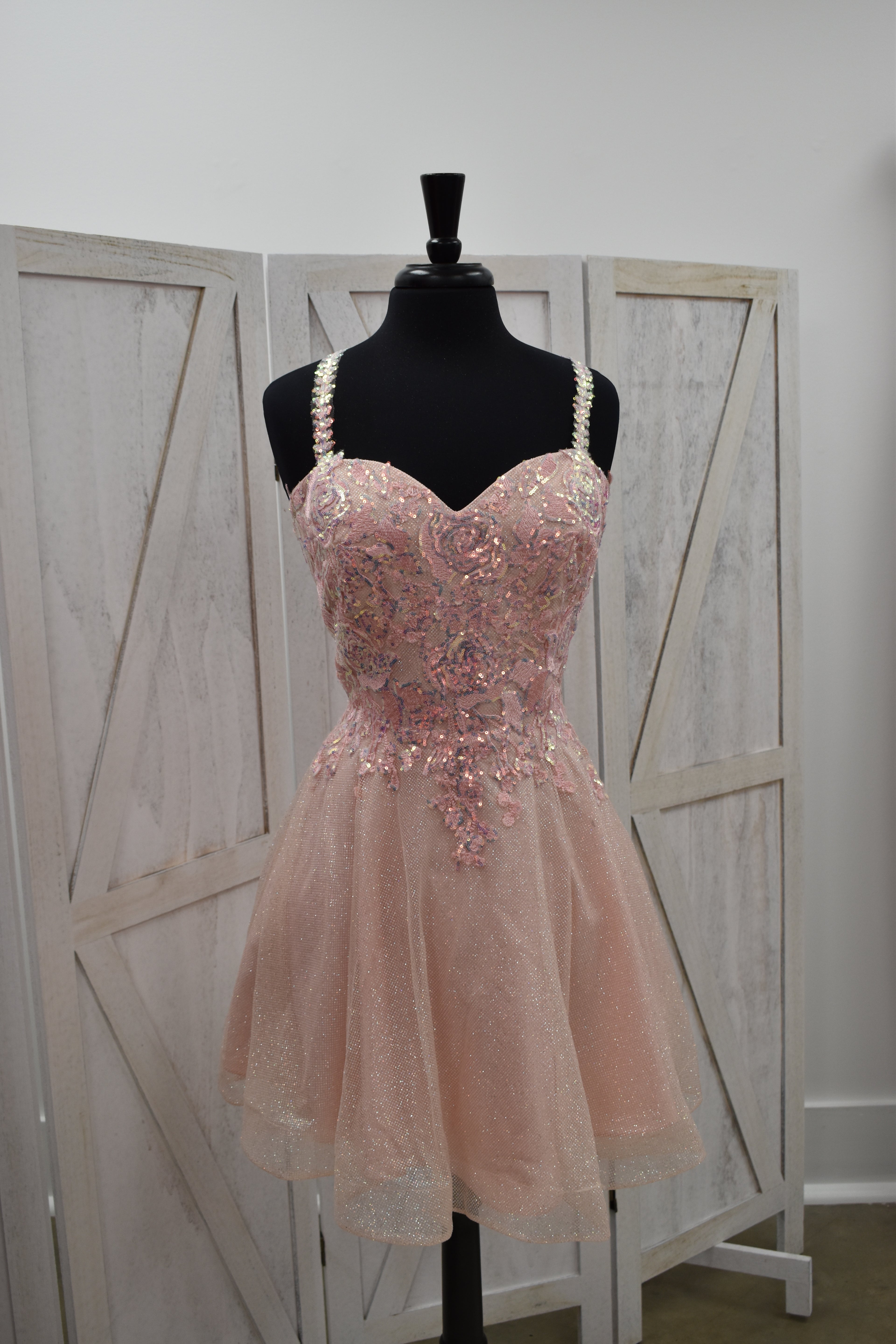 Blush Glitter Tulle 3D Floral Appliqué Sweetheart Mini Dress with Pearl Straps