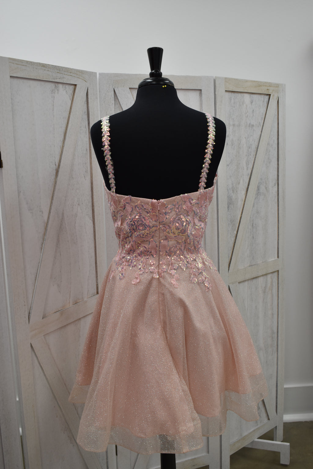 Blush Glitter Tulle 3D Floral Appliqué Sweetheart Mini Dress with Pearl Straps