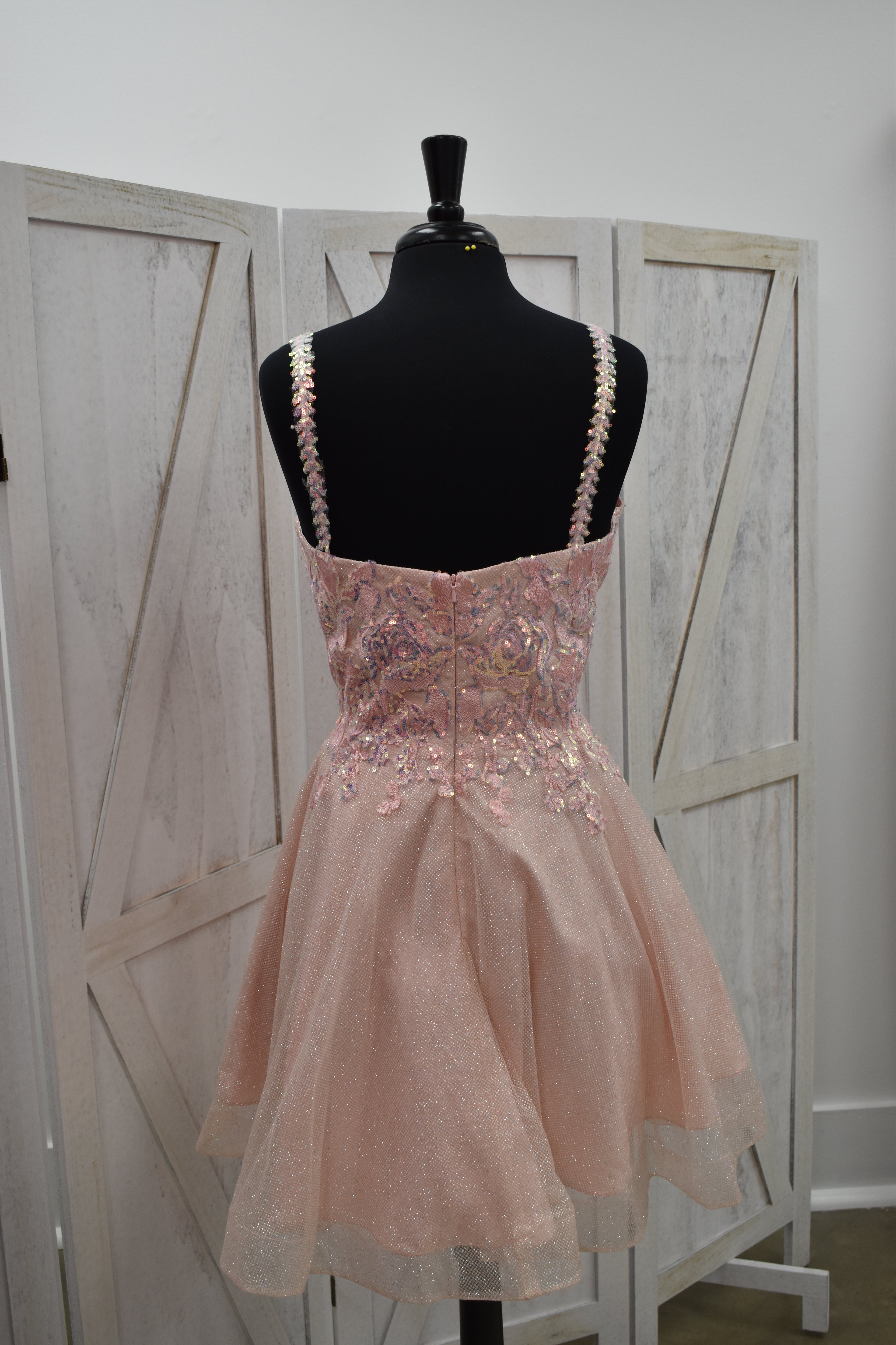Blush Glitter Tulle 3D Floral Appliqué Sweetheart Mini Dress with Pearl Straps