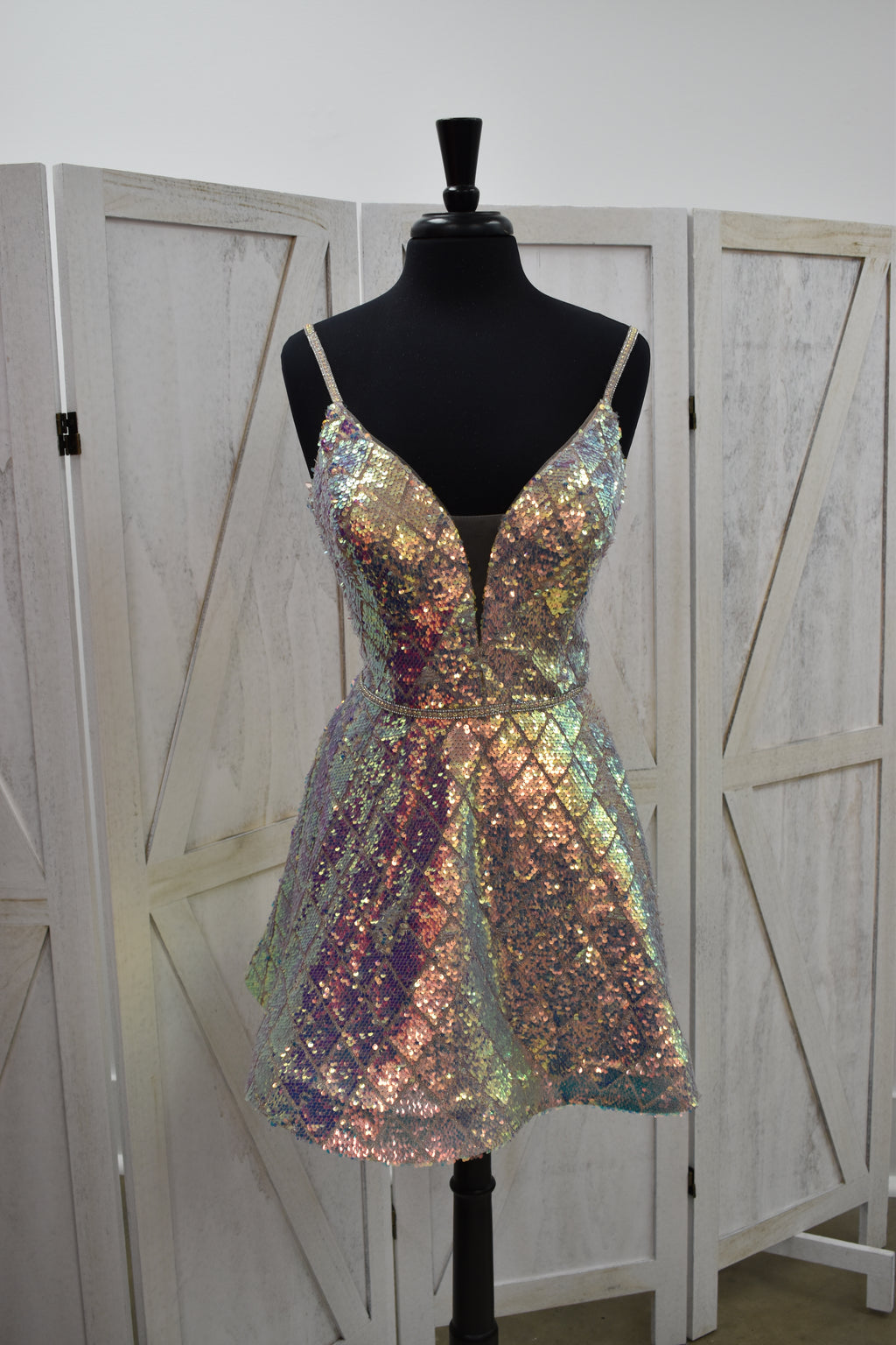 Holographic Diamond Sequin Deep V-Neck Skater Mini Dress