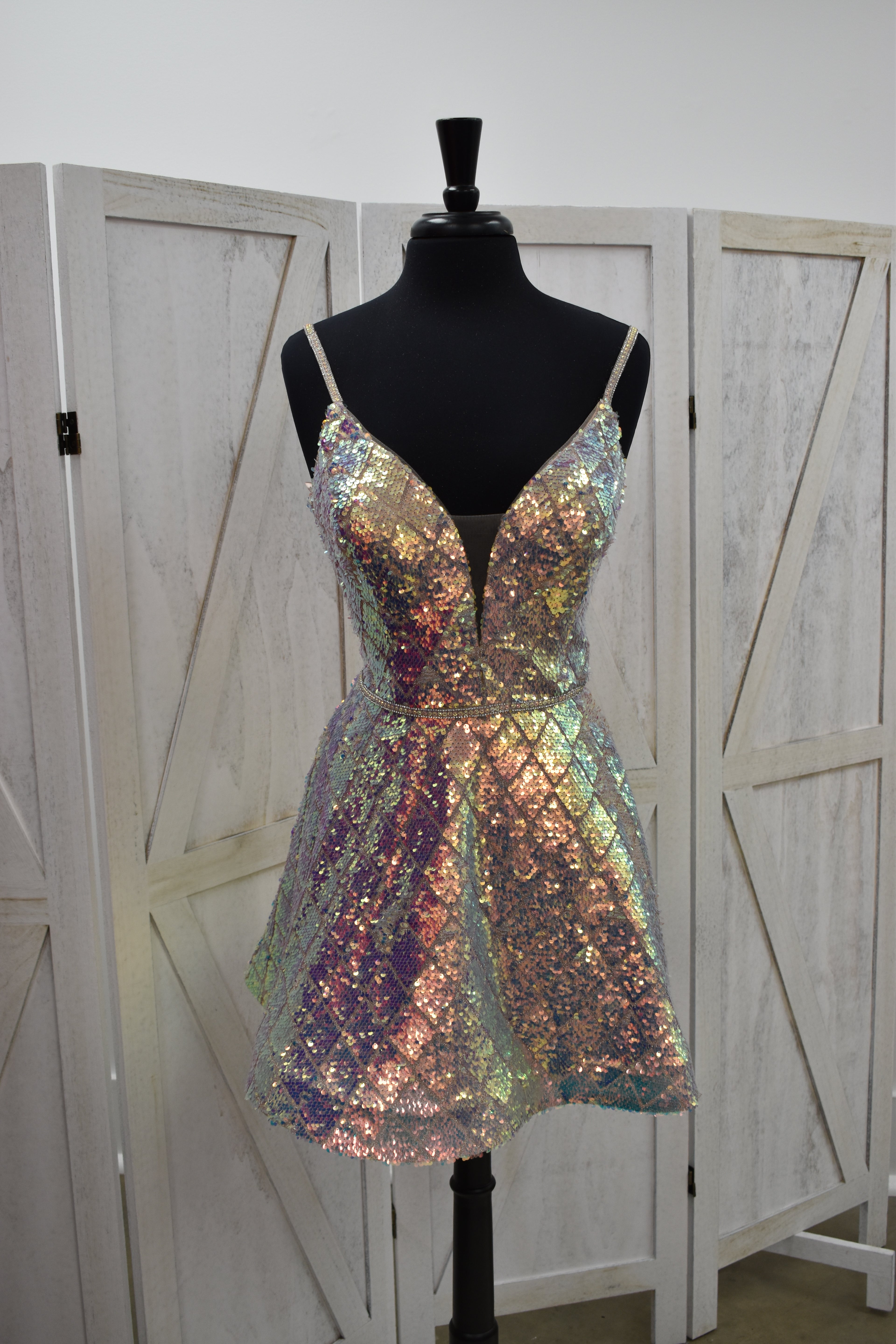 Holographic Diamond Sequin Deep V-Neck Skater Mini Dress
