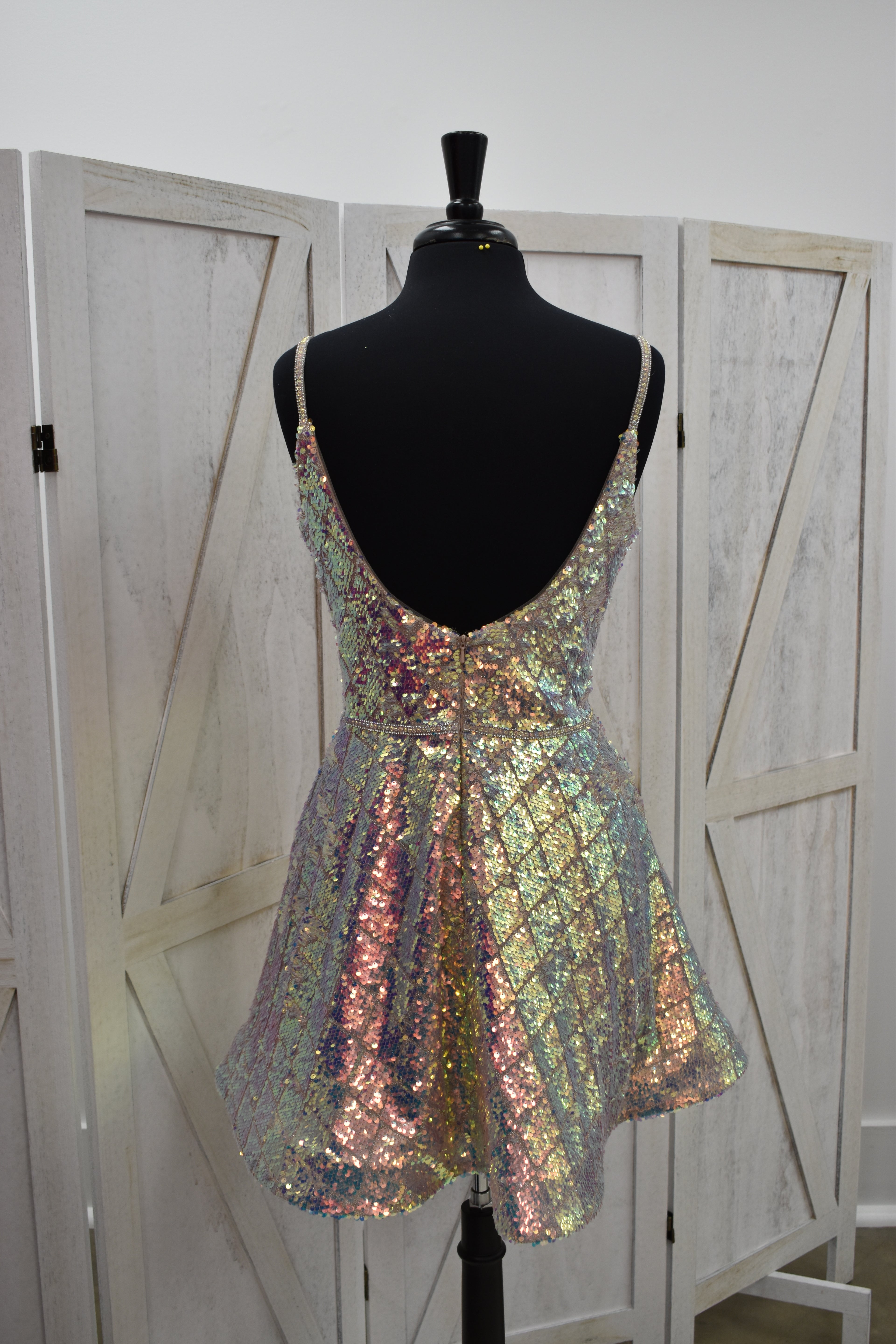 Holographic Diamond Sequin Deep V-Neck Skater Mini Dress