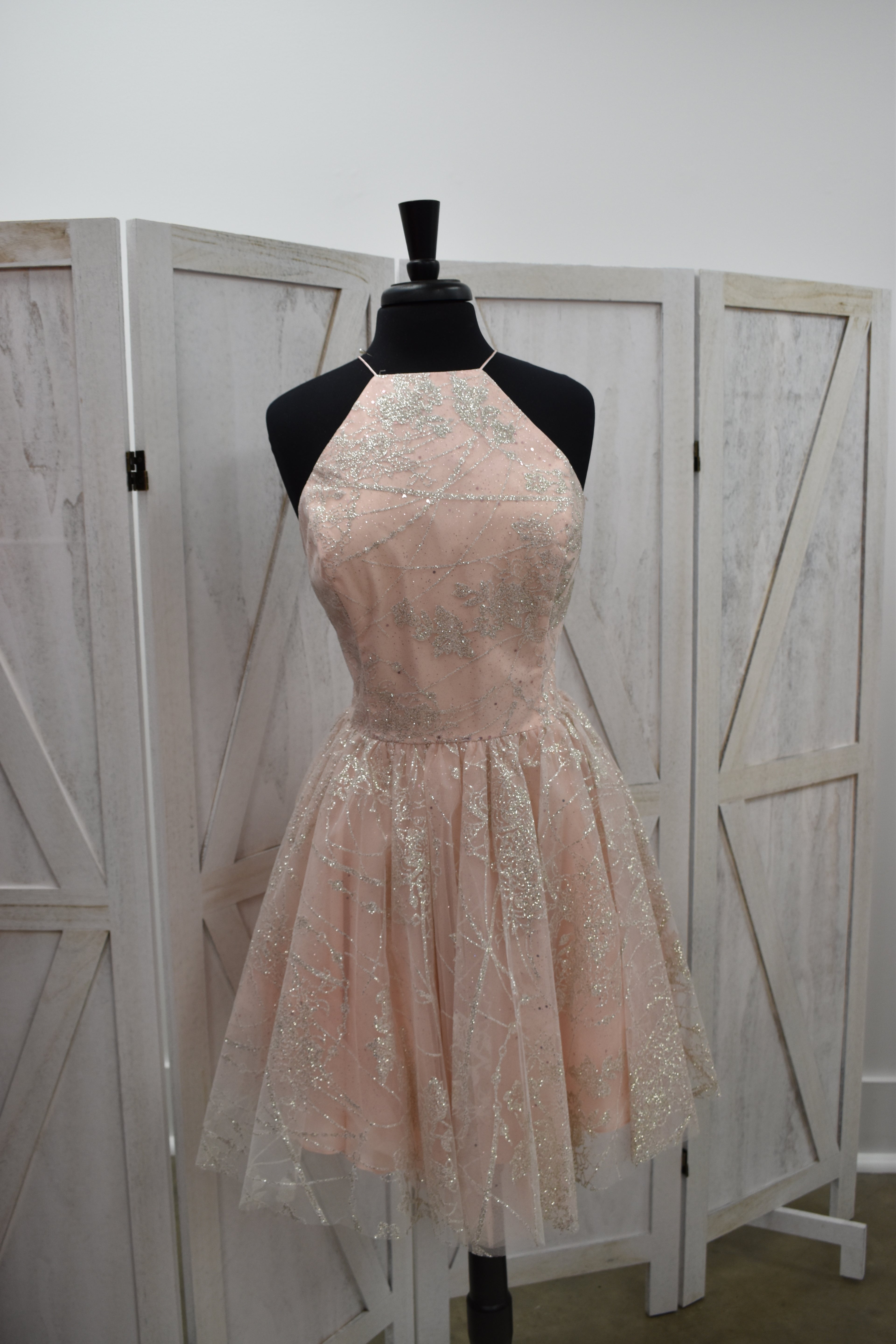 Blush Gold Glitter Lace Halter Skater Mini Dress