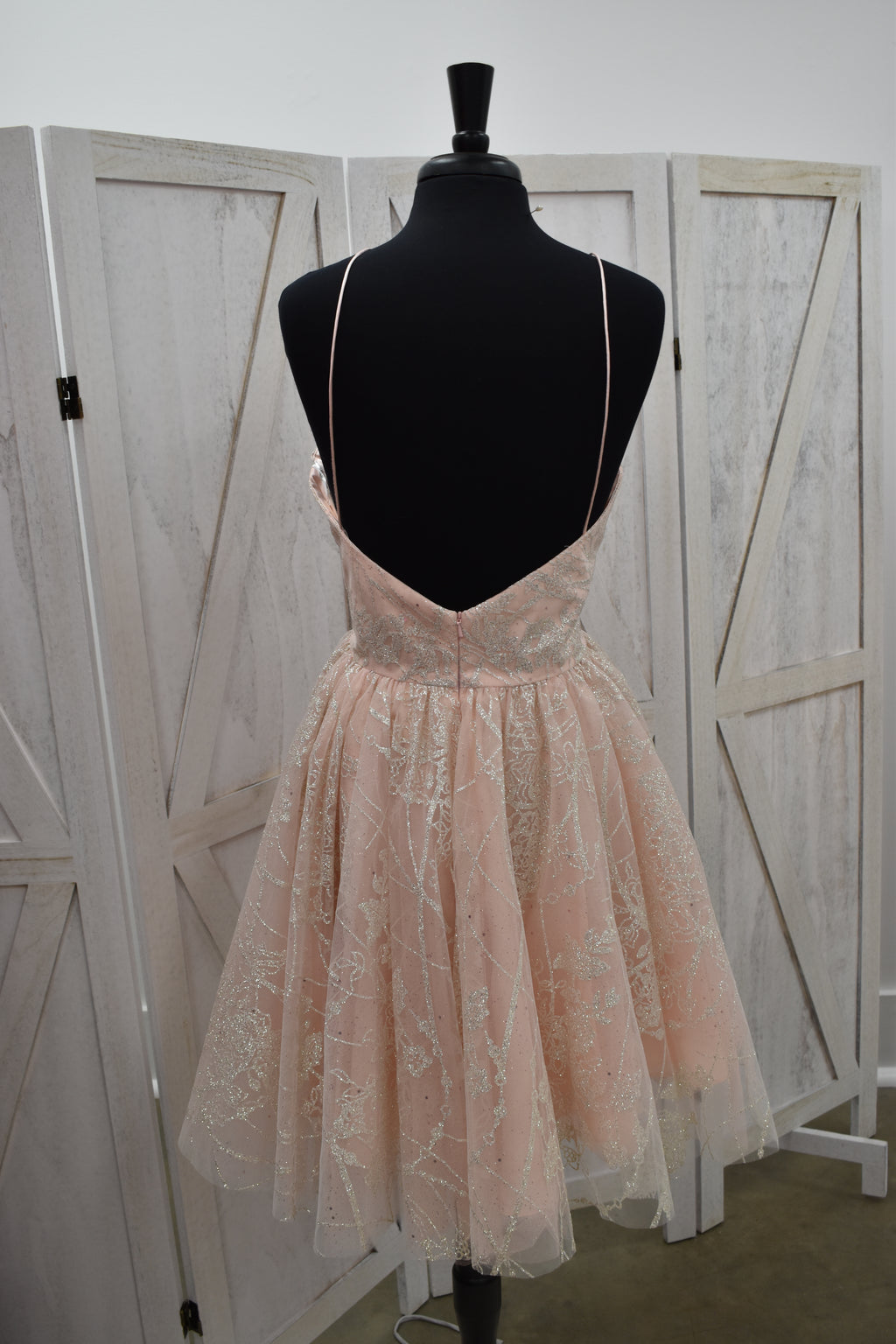 Blush Gold Glitter Lace Halter Skater Mini Dress