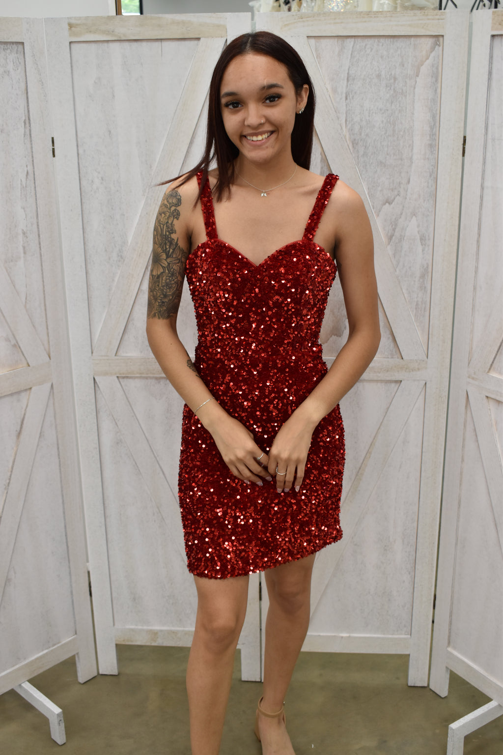 Deep Red Sequin Sweetheart Bodycon Mini Dress
