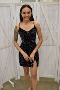 Black Sequin Deep V-Neck Bodycon Mini Dress with Slit