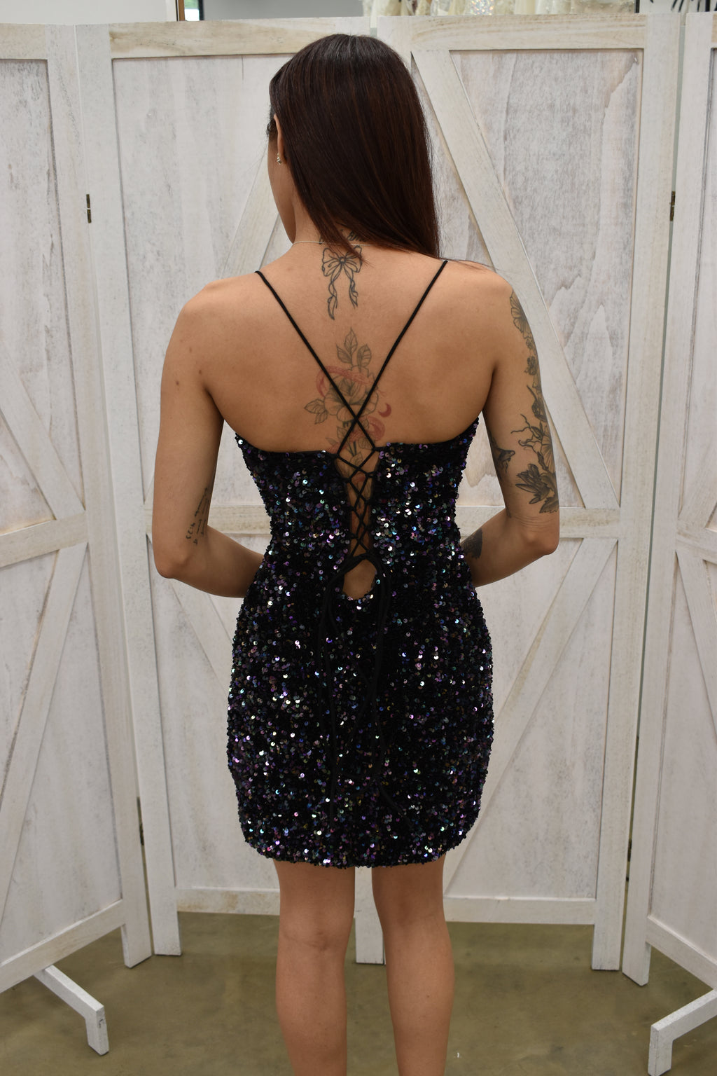 Black Sequin Deep V-Neck Bodycon Mini Dress with Slit