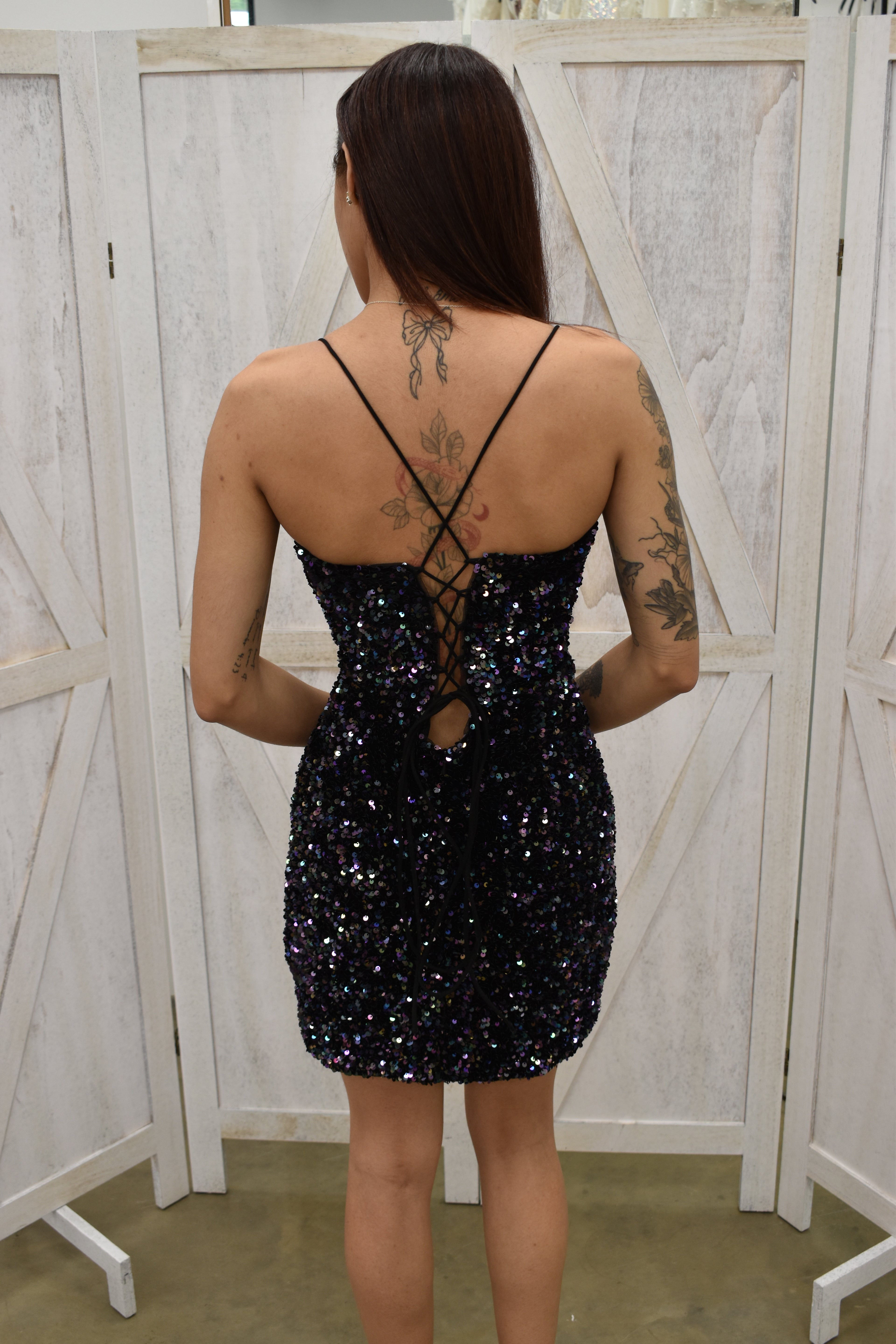 Black Sequin Deep V-Neck Bodycon Mini Dress with Slit