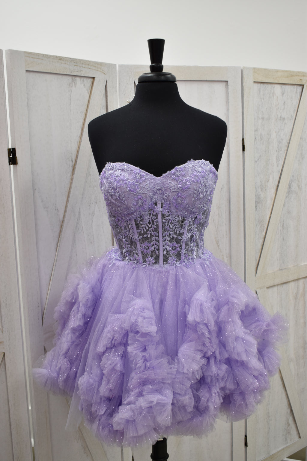 Lavender Lace Corset Sweetheart Glitter Ruffle Tulle Mini Dress