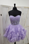 Lavender Lace Corset Sweetheart Glitter Ruffle Tulle Mini Dress
