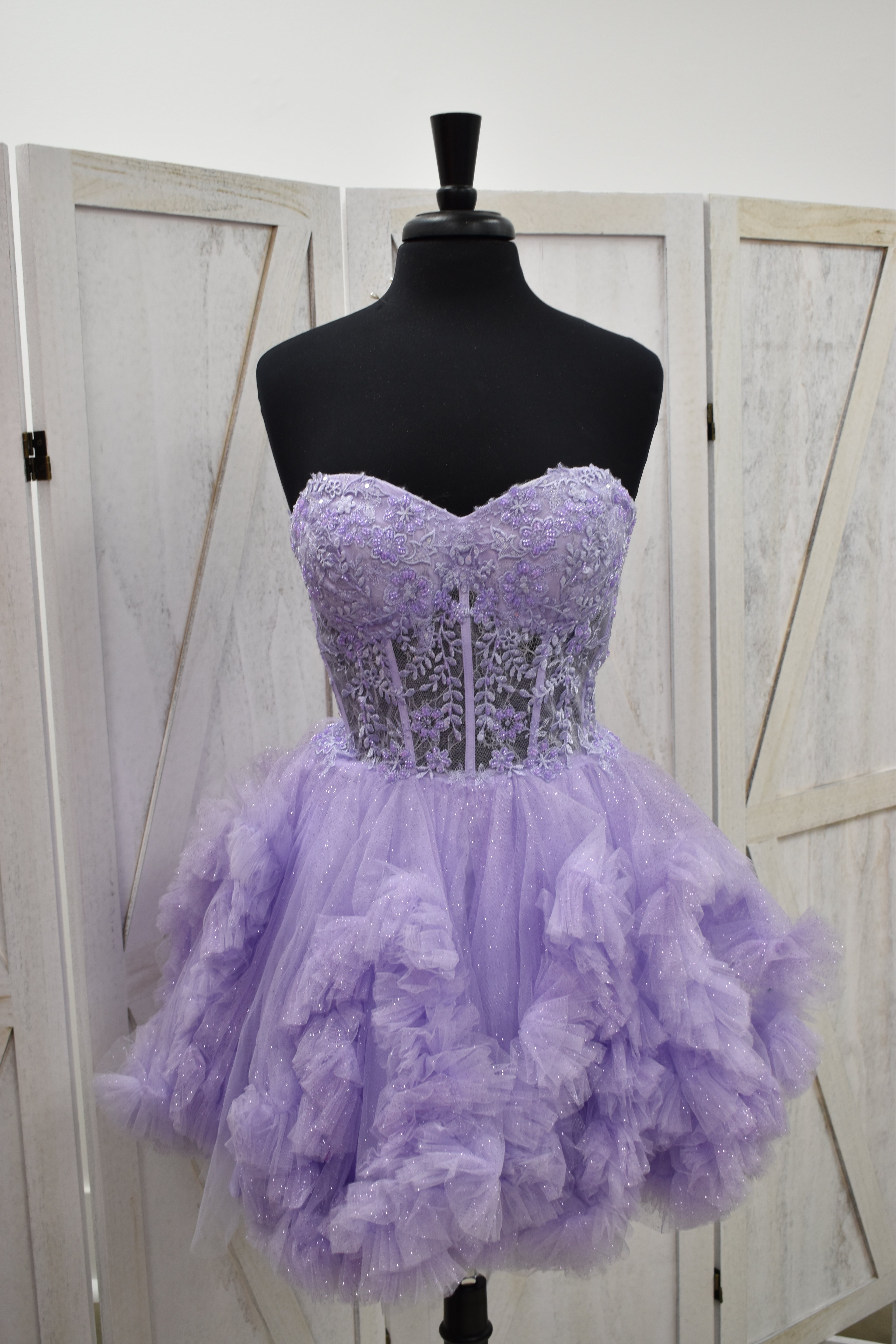 Lavender Lace Corset Sweetheart Glitter Ruffle Tulle Mini Dress