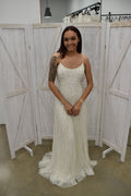 Ivory Beaded Spaghetti Strap Backless Wedding Gown with Feather Hem