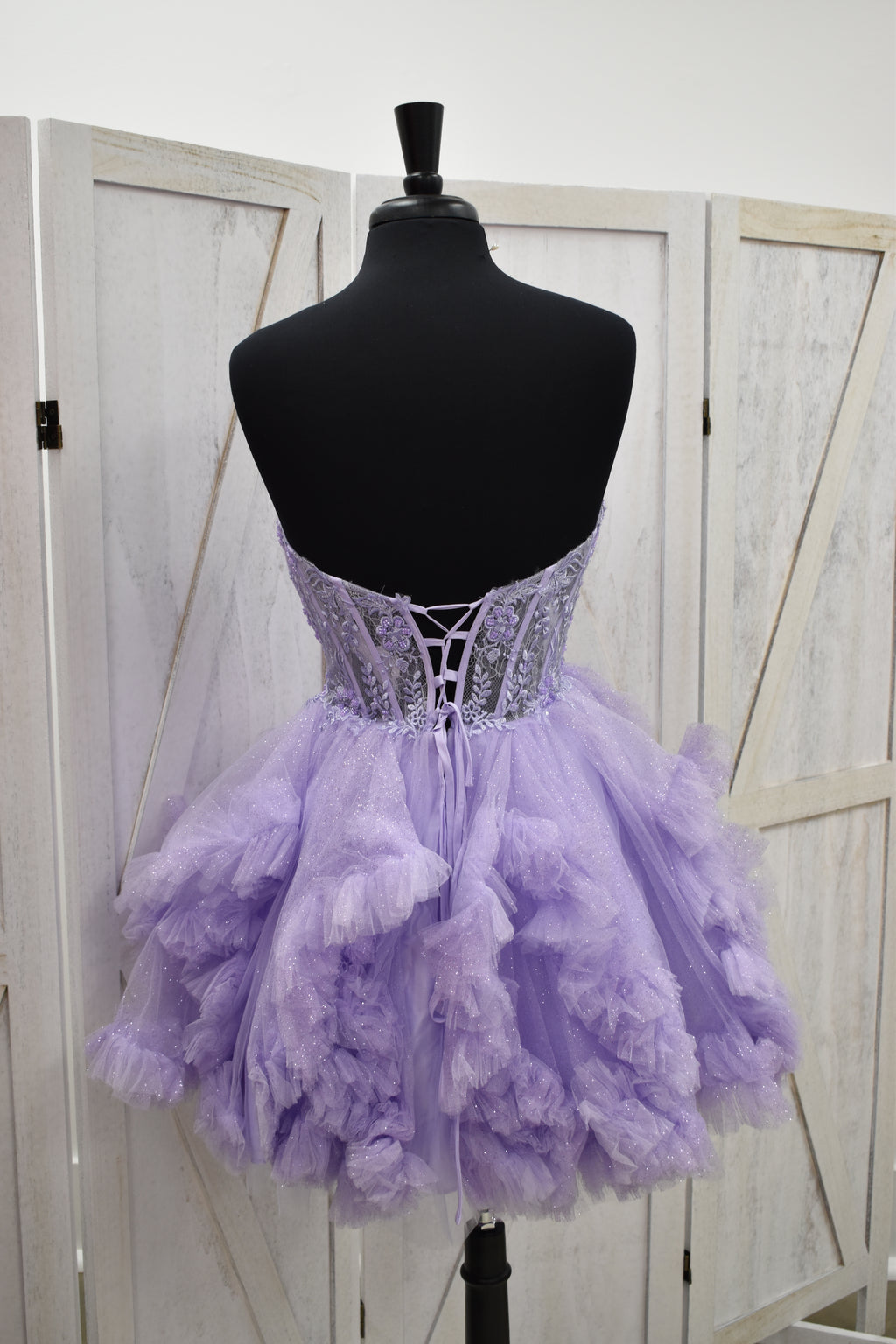 Lavender Lace Corset Sweetheart Glitter Ruffle Tulle Mini Dress