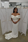 White Off-the-Shoulder Crepe Mermaid Wedding Gown