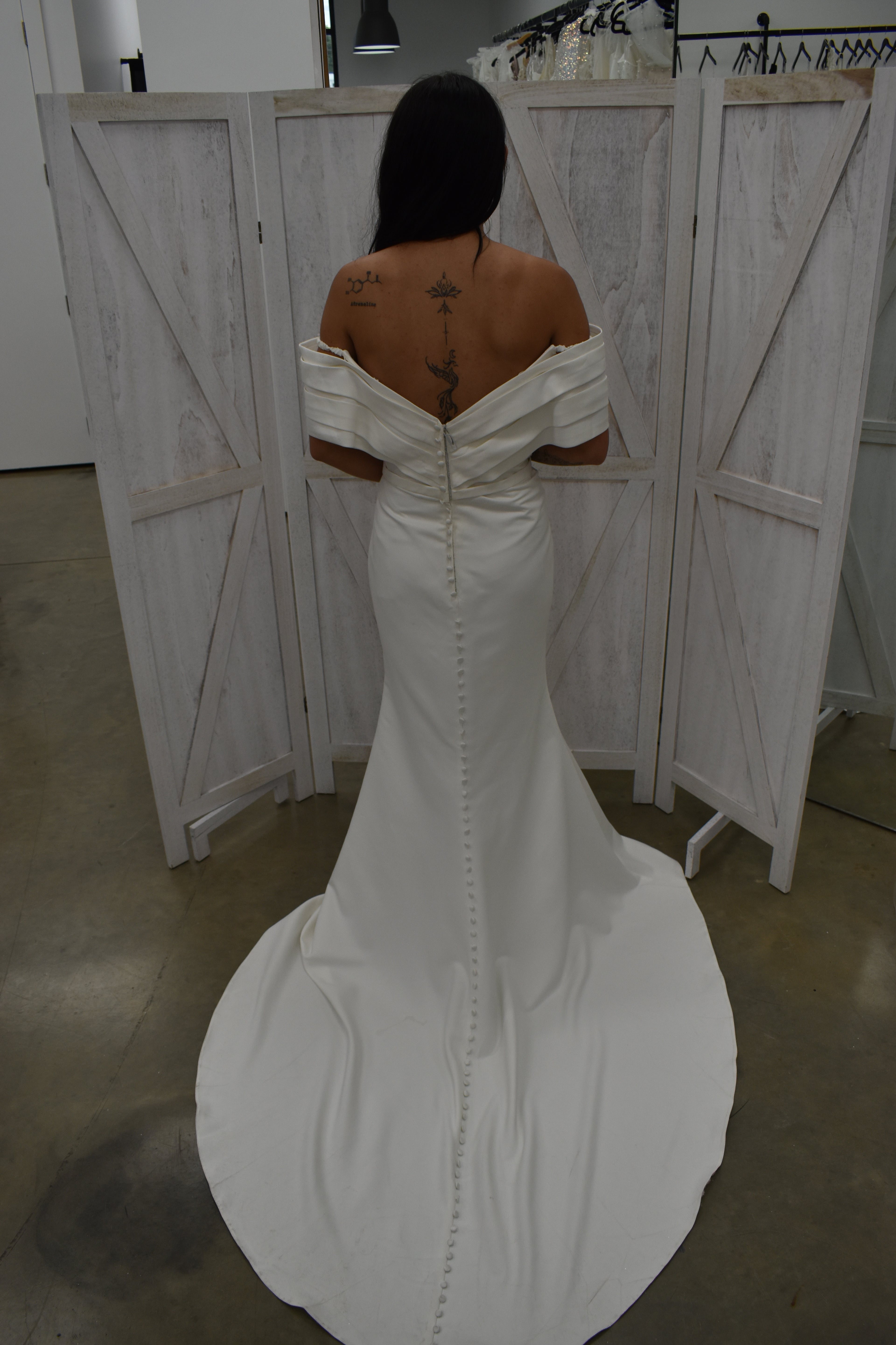 White Off-the-Shoulder Crepe Mermaid Wedding Gown