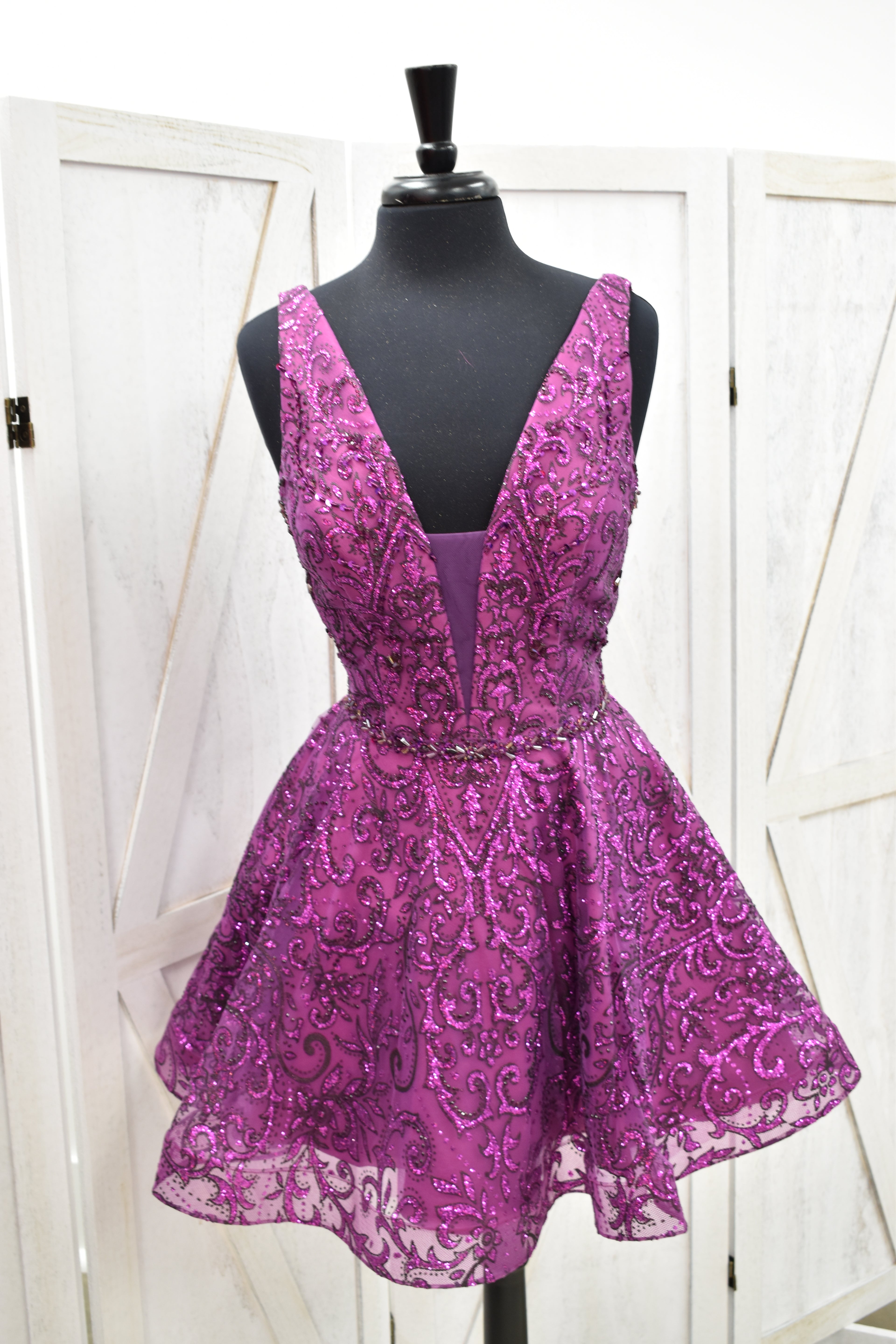 Magenta Sequin Fit & Flare Homecoming Dress