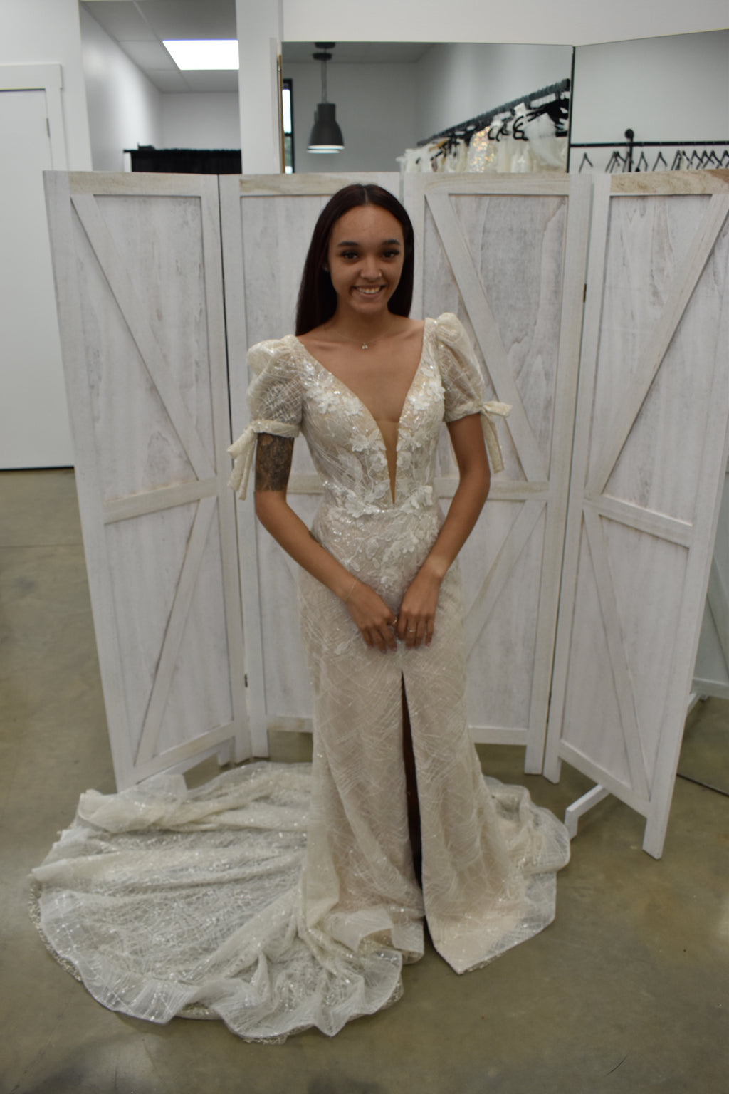 Shimmer Lace Mermaid Gown with Flutter Sleeves
