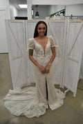 Shimmer Lace Mermaid Gown with Flutter Sleeves