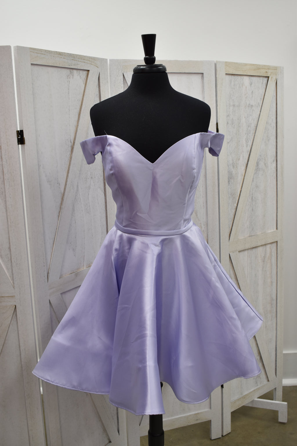 Lavender Off-Shoulder Satin A-Line Homecoming Dress