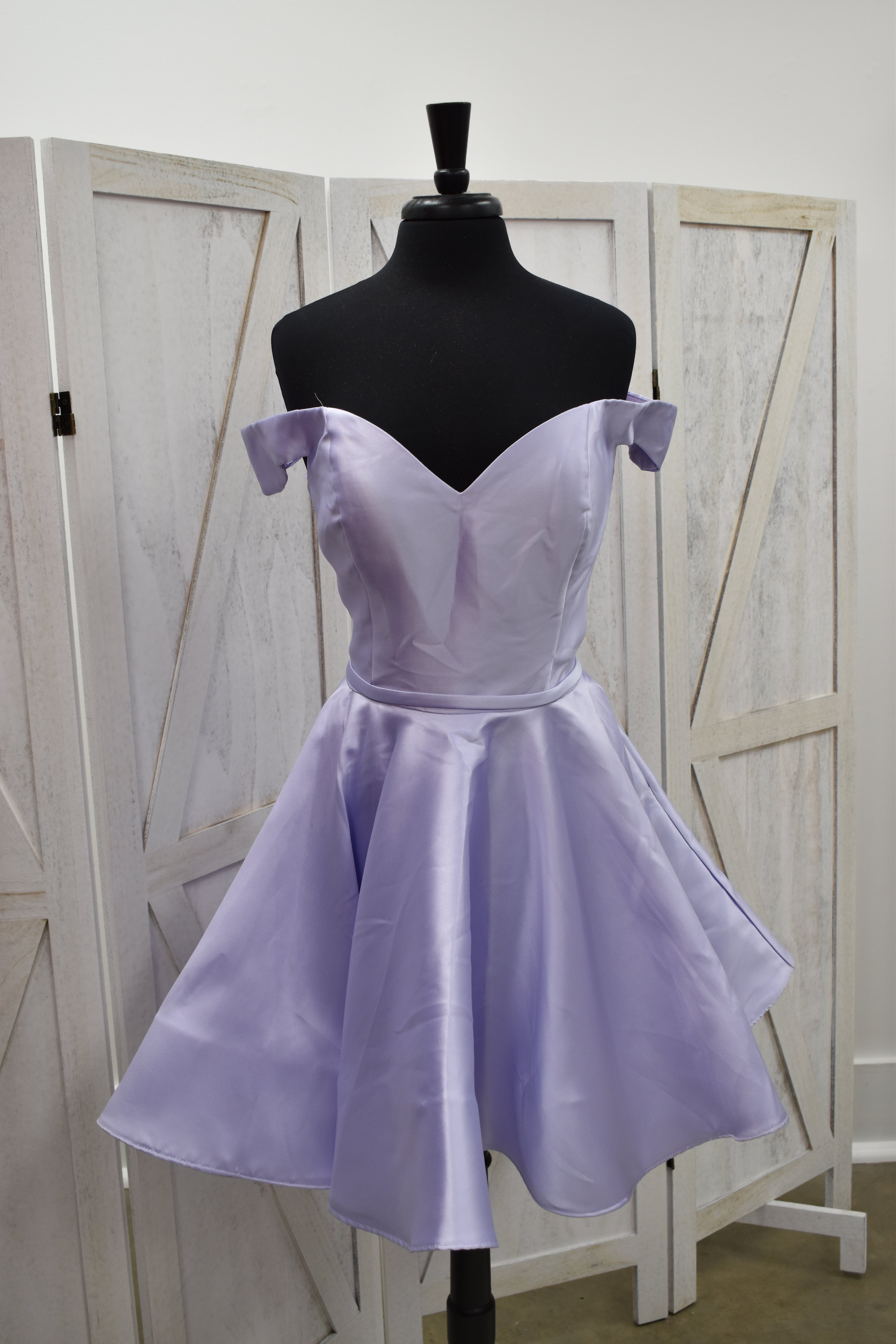 Lavender Off-Shoulder Satin A-Line Homecoming Dress