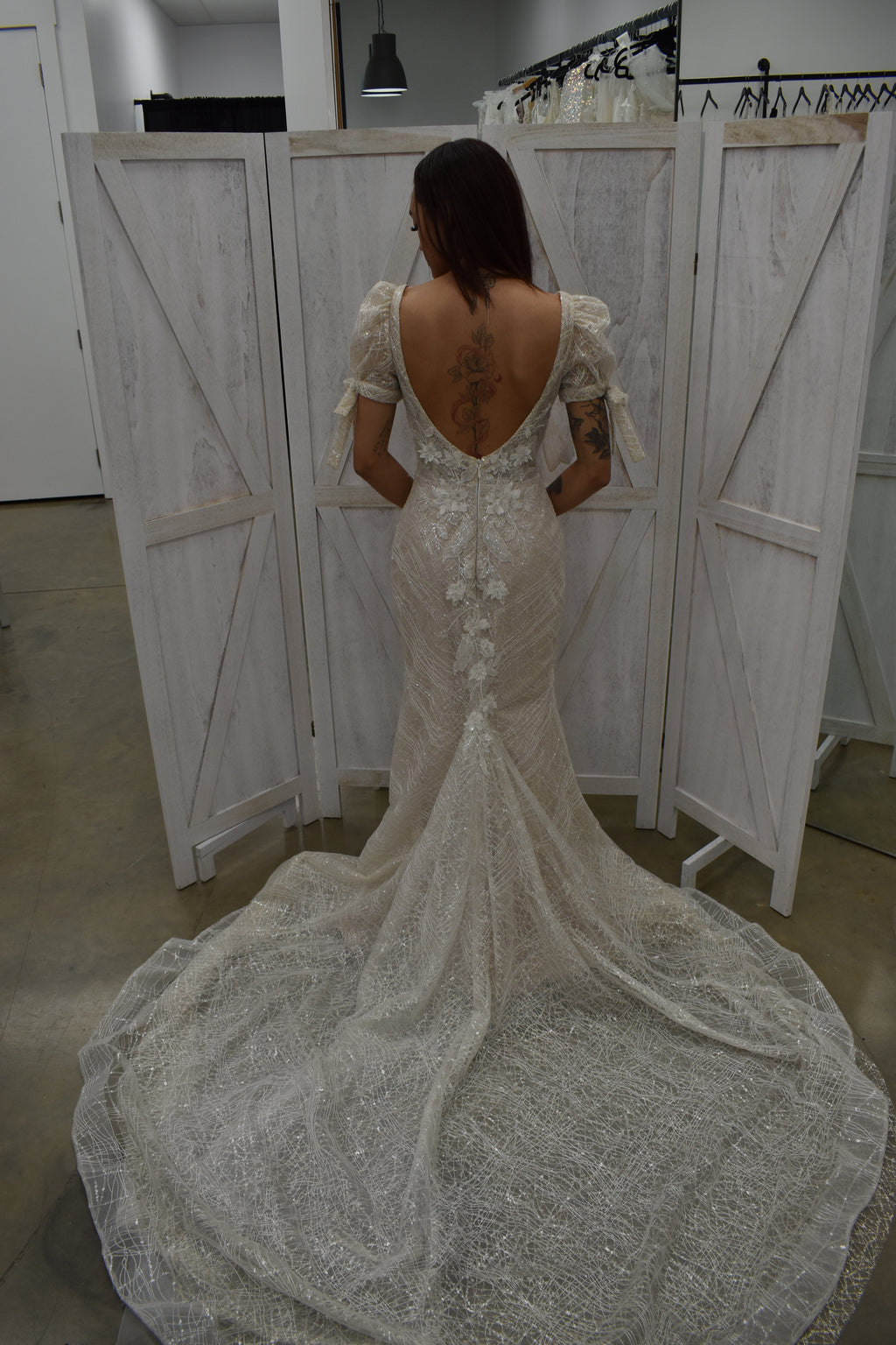 Shimmer Lace Mermaid Gown with Flutter Sleeves