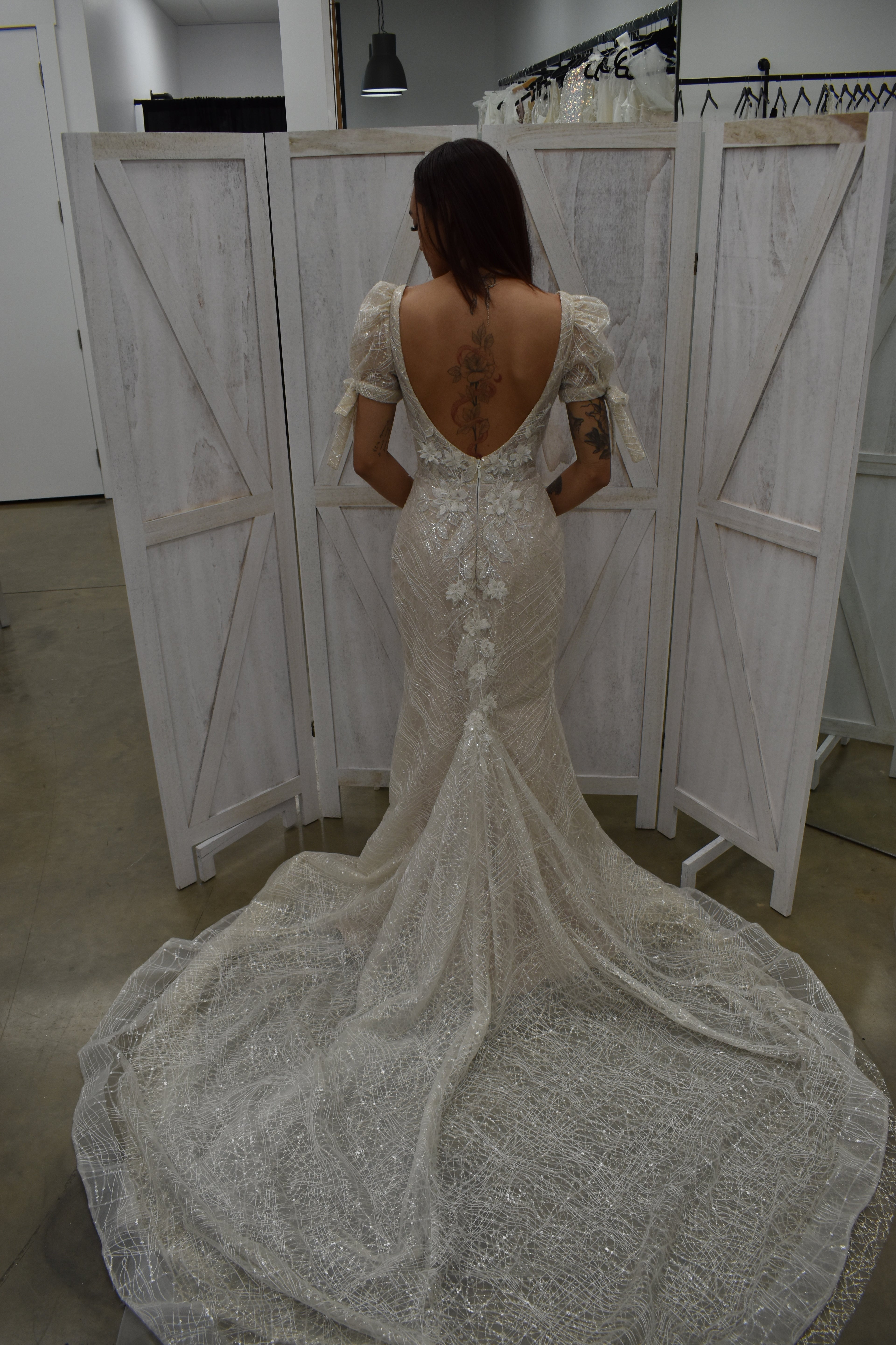 Shimmer Lace Mermaid Gown with Flutter Sleeves