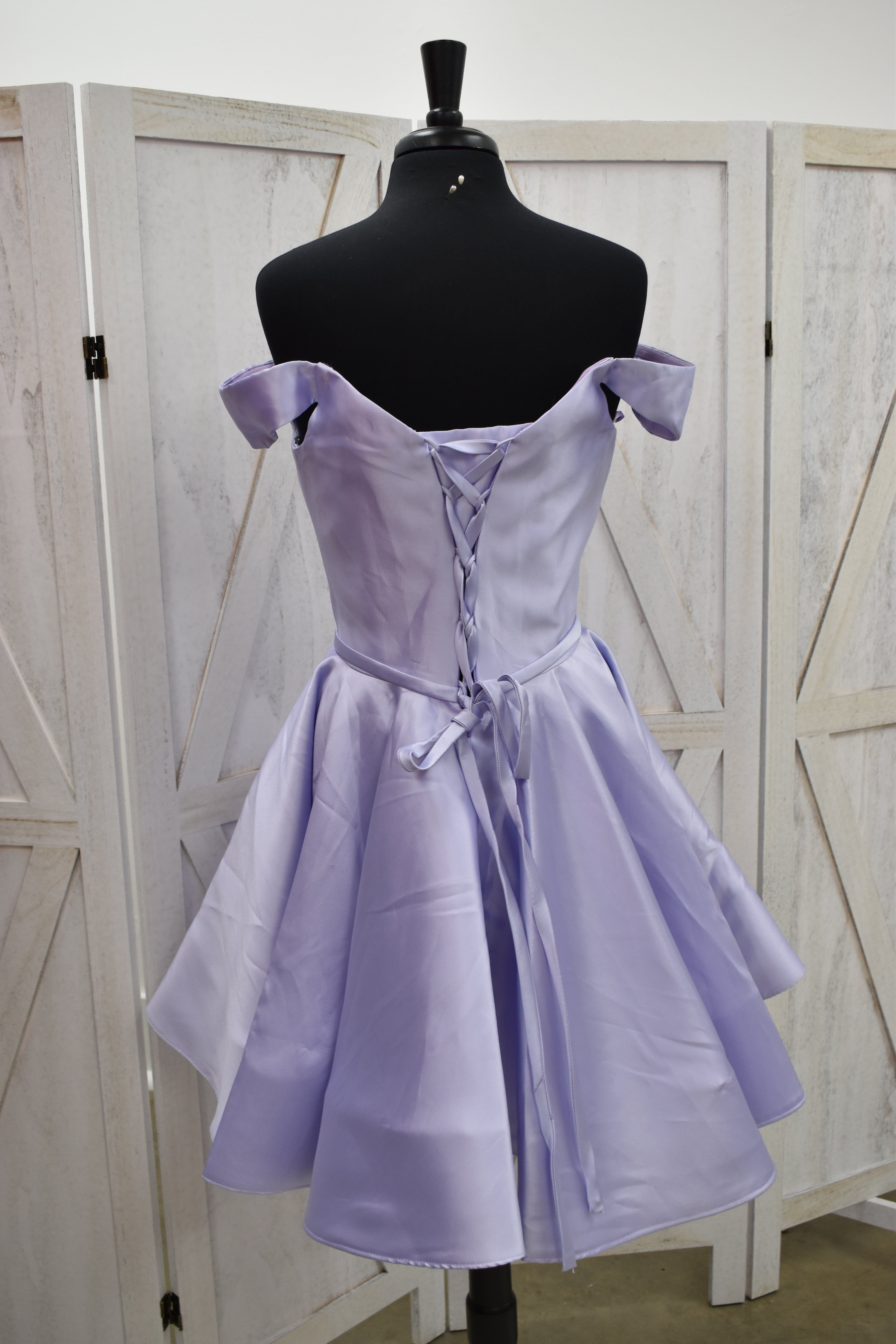 Lavender Off-Shoulder Satin A-Line Homecoming Dress