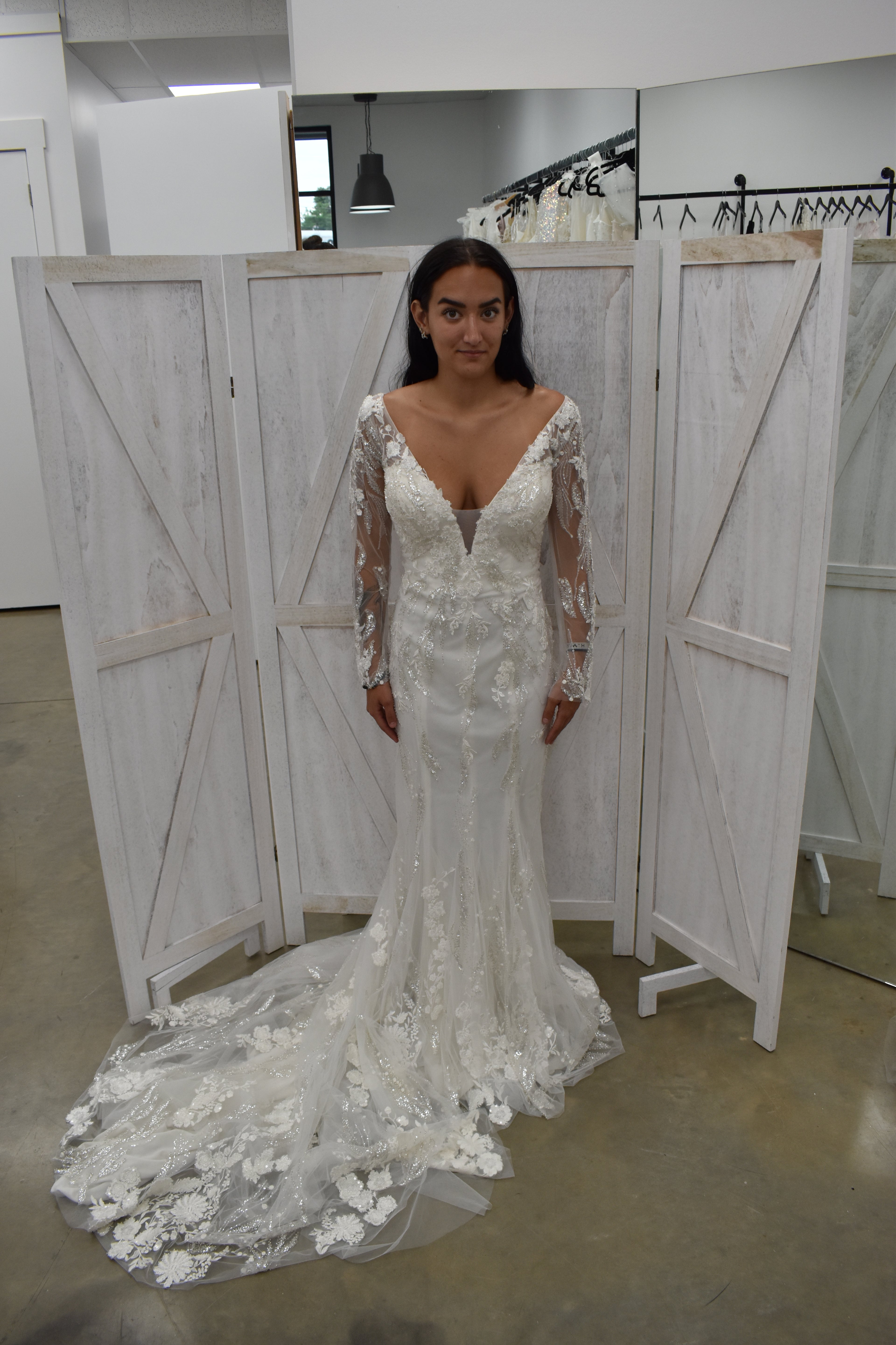 Floral Appliqué Shimmer Mermaid Gown with Illusion Sleeves