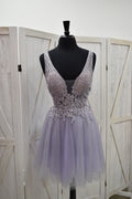 Dusty Lavender Beaded Lace Deep V-Neck Tulle Skater Mini Dress